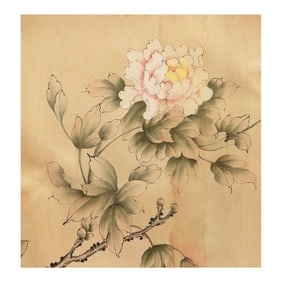 C. 1950s Vintage Chinese Watercolor Scroll Painting of Peony Flower on Silk