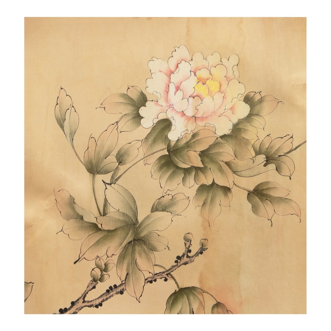 C. 1950s Vintage Chinese Watercolor Scroll Painting of Peony Flower on Silk: Vintage Chinese watercolor scroll painting of peony flower. Watercolor and ink on silk over paper. Comes from a panel of vintage Chinese screen that was damaged in shipment. Fair condition - some age