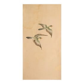 C. 1950s Vintage Chinese Watercolor Scroll Painting "Two Birds" on Silk