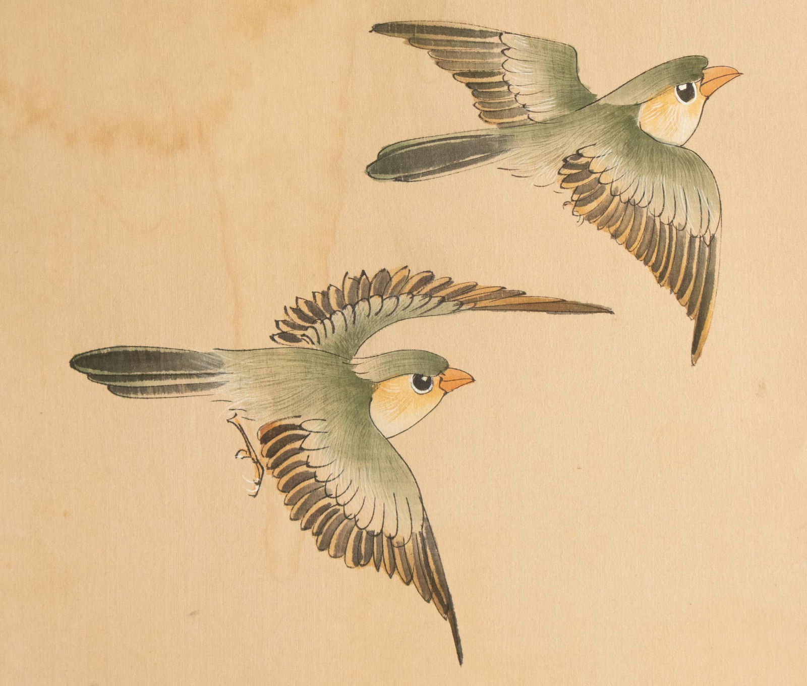C. 1950s Vintage Chinese Watercolor Scroll Painting "Two Birds" on Silk - 2