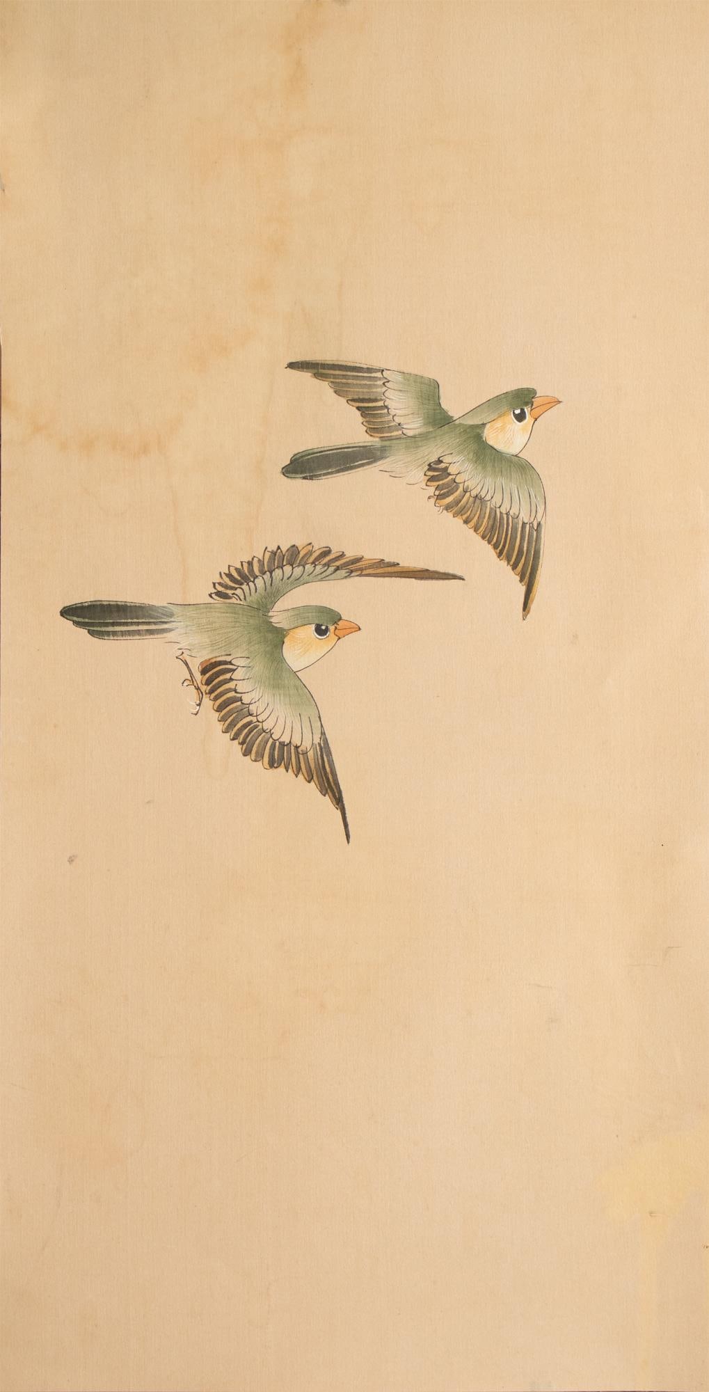 C. 1950s Vintage Chinese Watercolor Scroll Painting "Two Birds" on Silk - 9