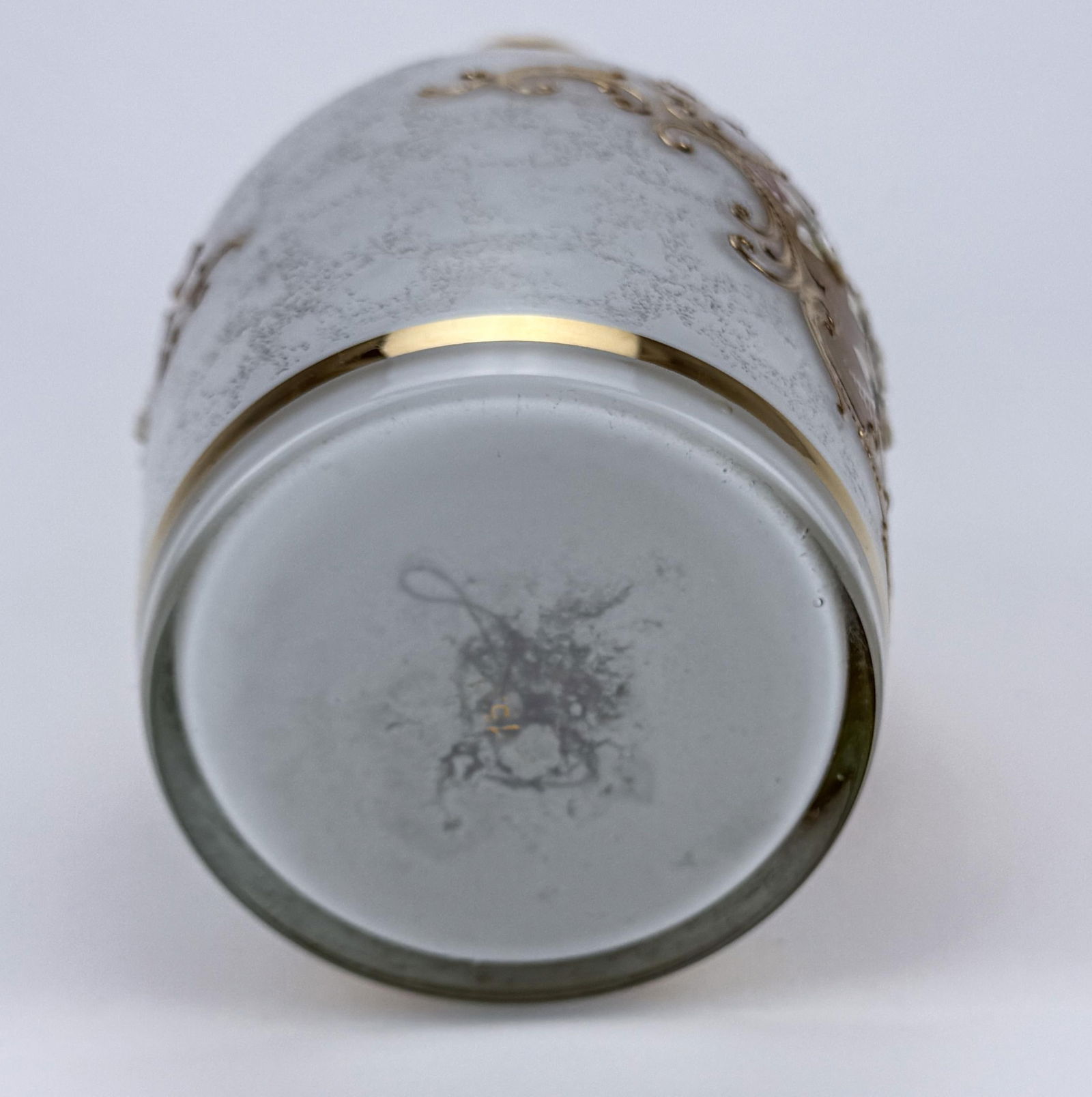 VTG Boho White Opaline Venetian Glass Vase With 3 D Hand Painted Flowers and Gold Accents - 12