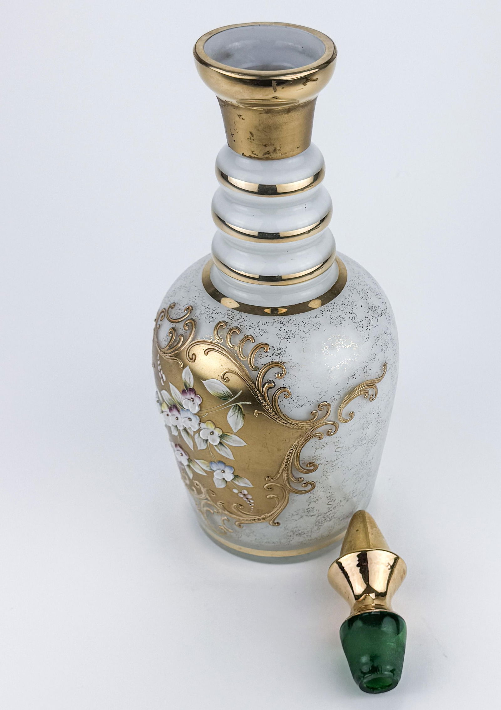 VTG Boho White Opaline Venetian Glass Vase With 3 D Hand Painted Flowers and Gold Accents - 5