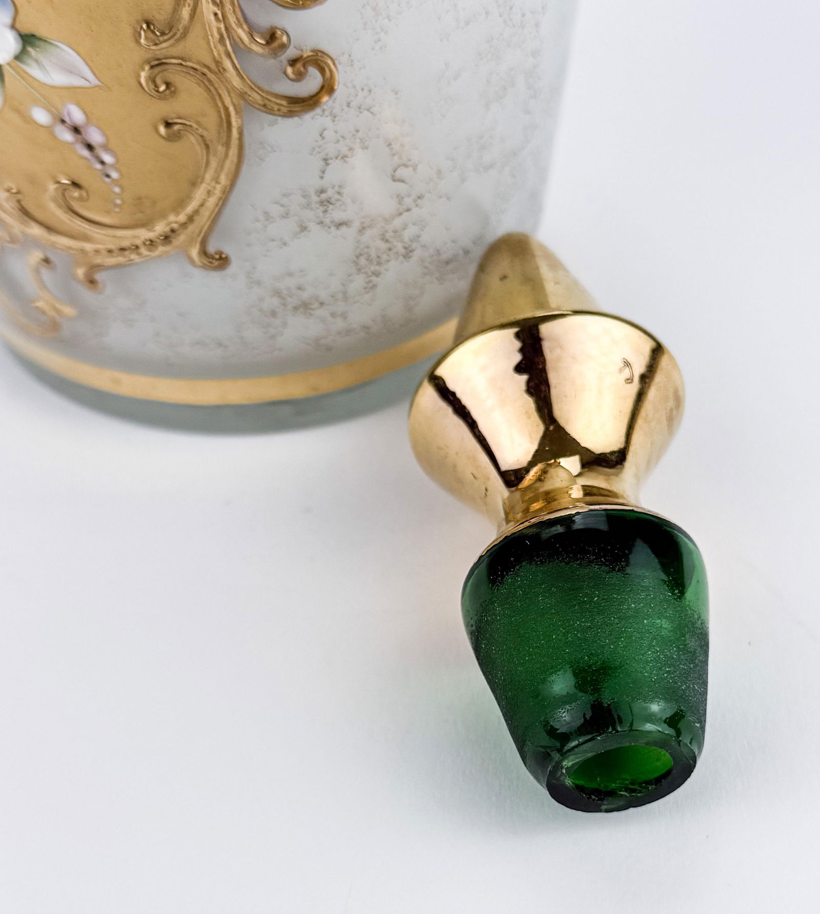 VTG Boho White Opaline Venetian Glass Vase With 3 D Hand Painted Flowers and Gold Accents - 6