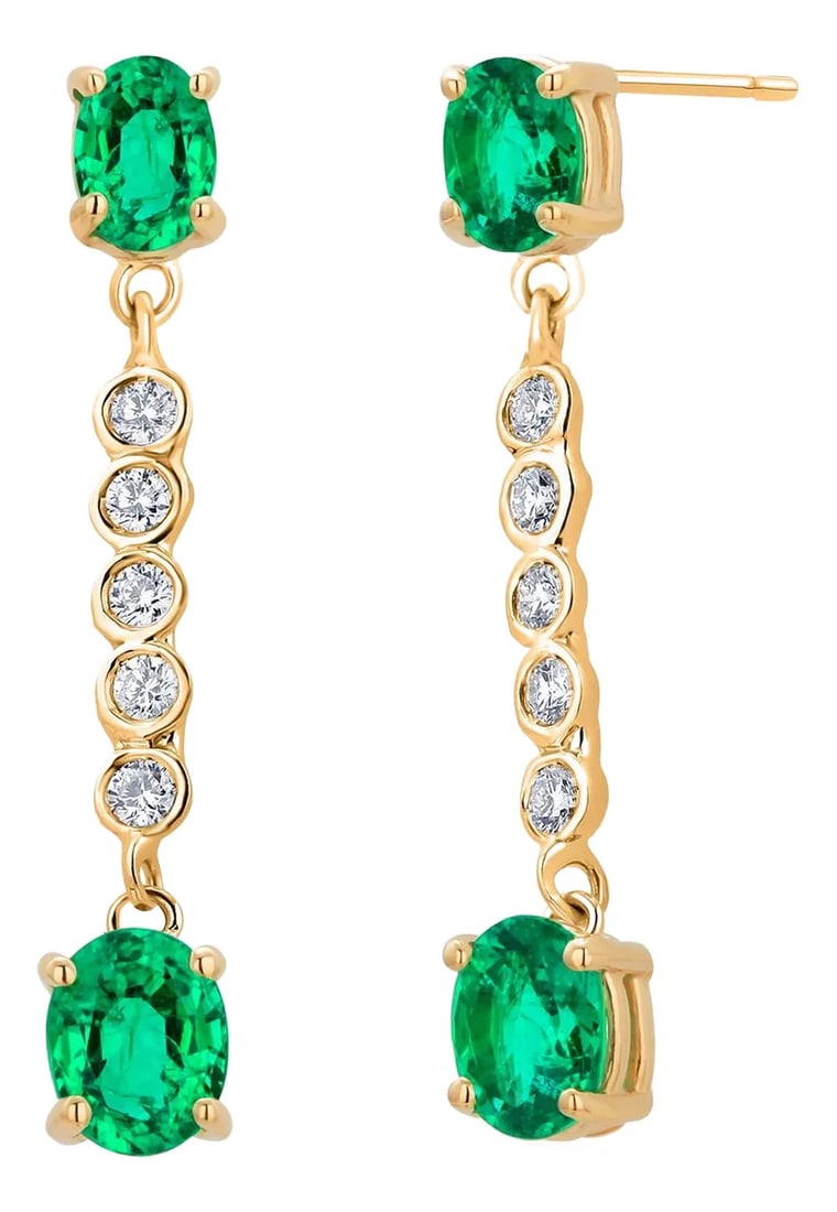 14k Yellow Gold Oval Emerald & Diamond Lariat Drop Earrings - Set of 2: A Radiant Fusion of Gemstone Excellence and Timeless Design Capture attention with these 14K Yellow Gold Drop Earrings, featuring a quartet of matched oval emeralds weighing a total of 1.70 carats