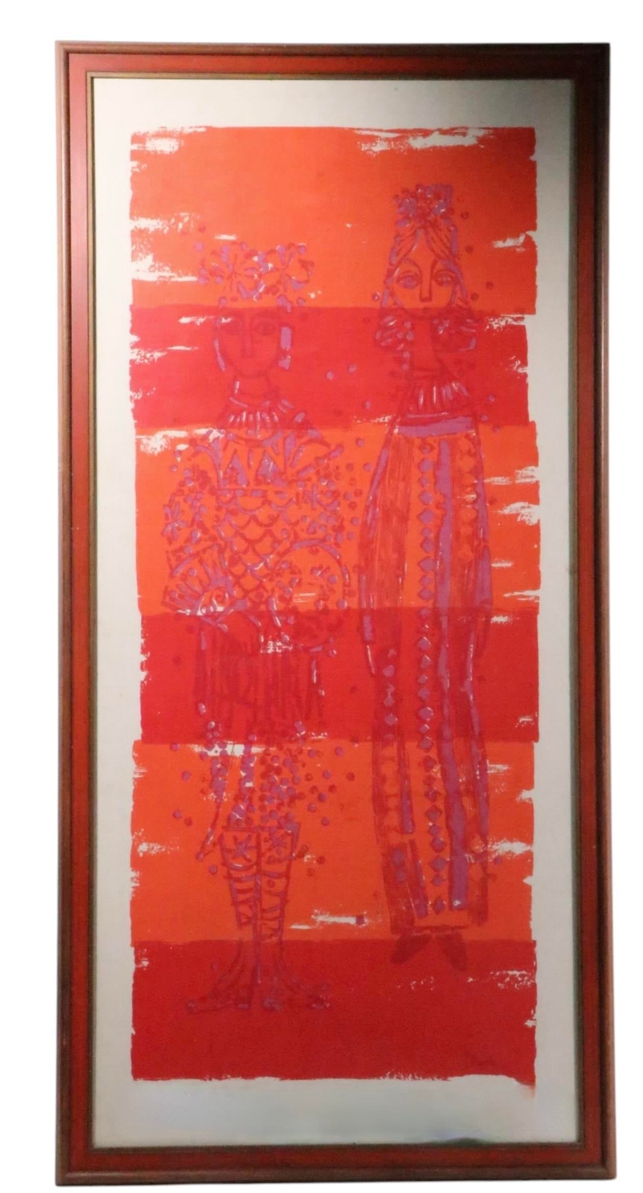 Large Framed Print Depicting Two Standing Women in Medieval Garb Signed Phoebe C 1970's - 2