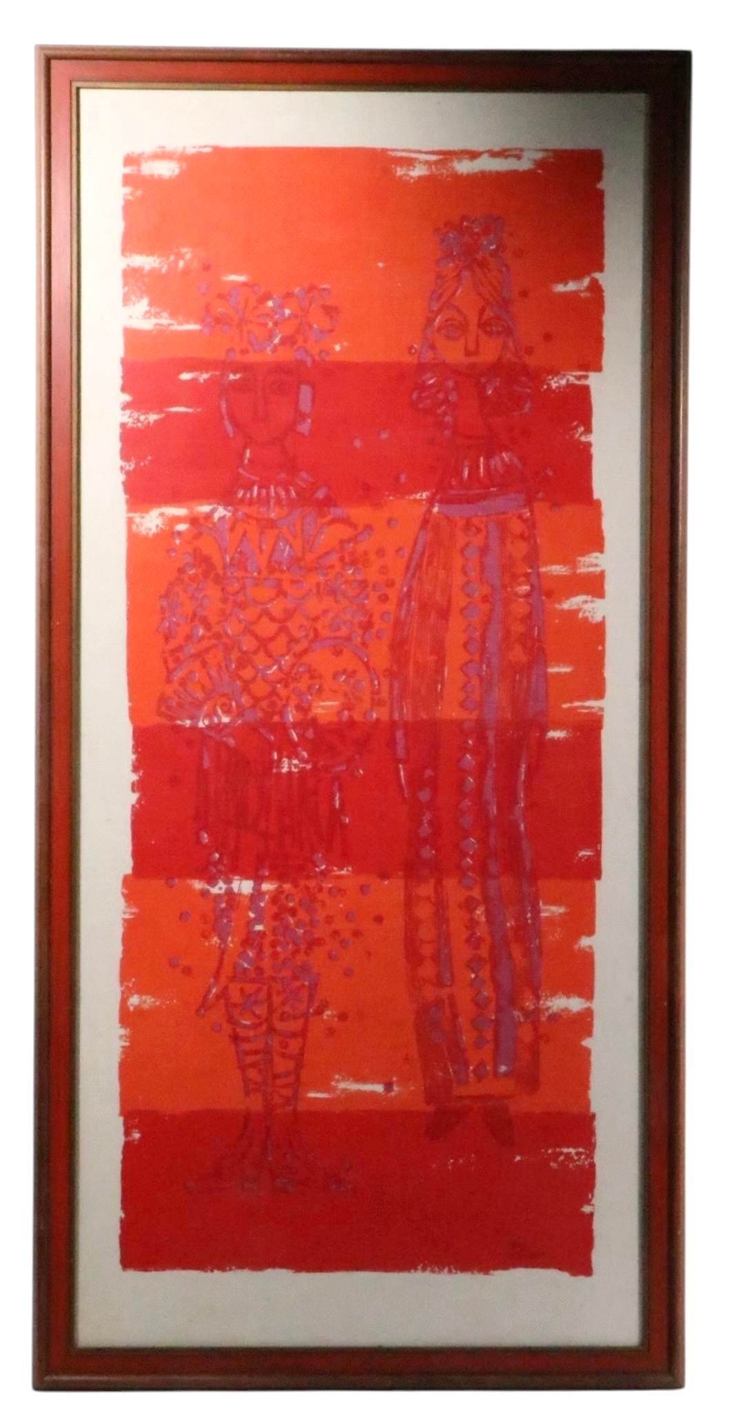 Large Framed Print Depicting Two Standing Women in Medieval Garb Signed Phoebe C 1970's - 7