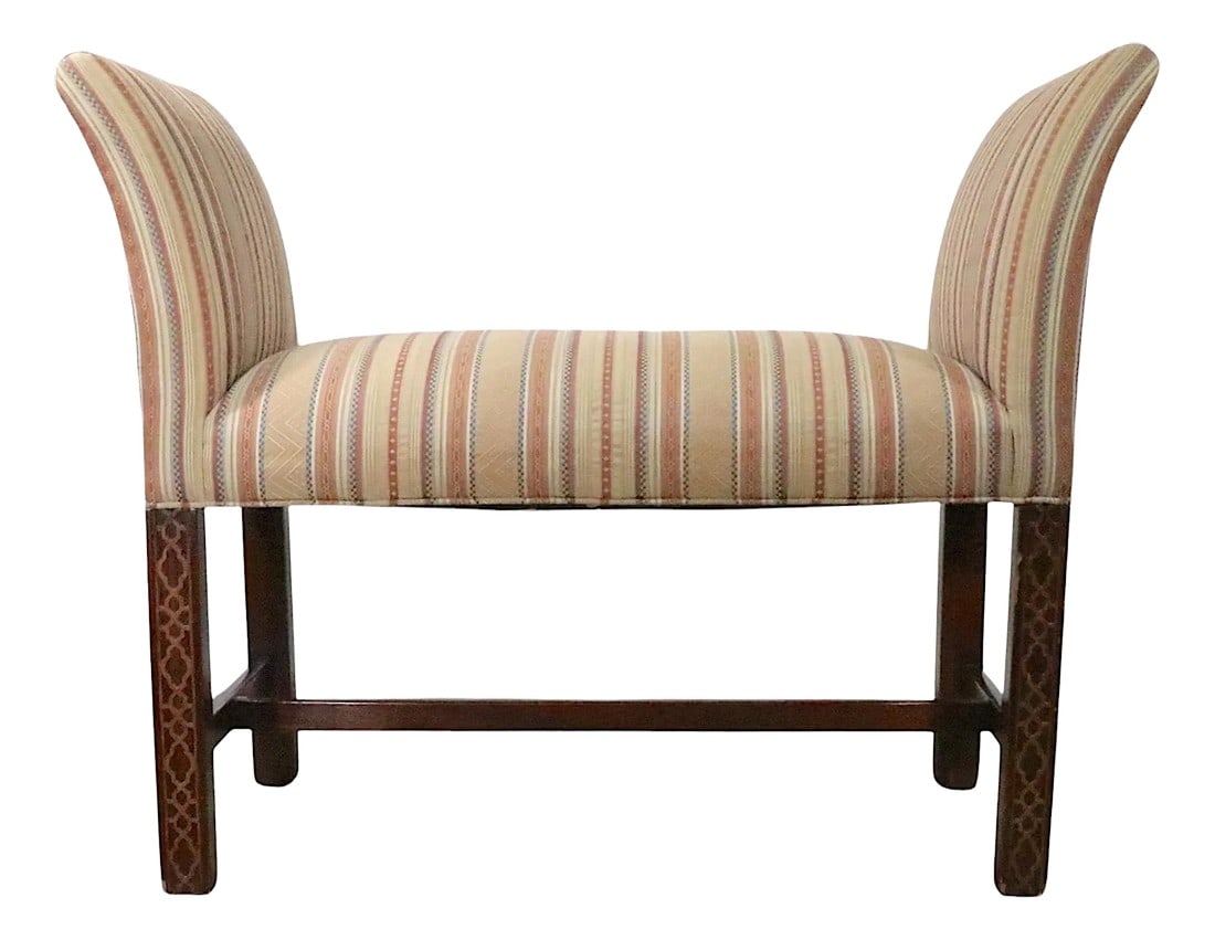 Late 20th Century Chippendale Revival Window Bench by Southwood: Diminutive Chippendale Revival window bench, made by Southwood, Hickory, North Carolina. The bench features an upholstered seat with dramatic exaggerated arm rests, on an Chinese Chippendale style woo