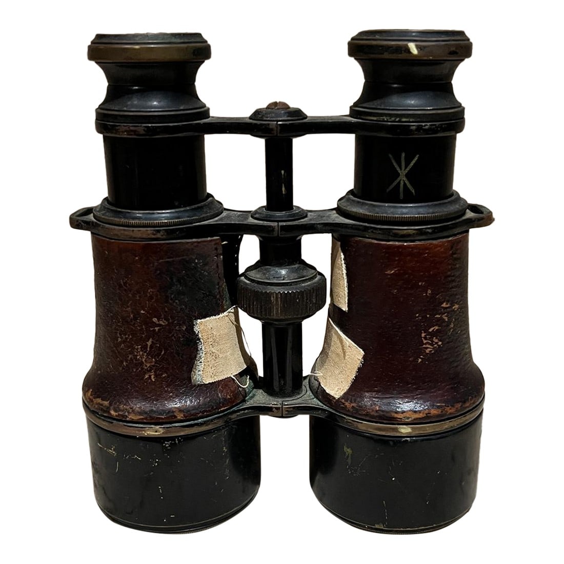 Antique French Field Binoculars Brass Leather Wrap: AMBIANIC presents French Military Binoculars Brass Leather Wrap stamped MV SRL field gear 4.5 W x 2.13 D x 5.63 H Preowned original vintage condition Refer to all images listed Condition: