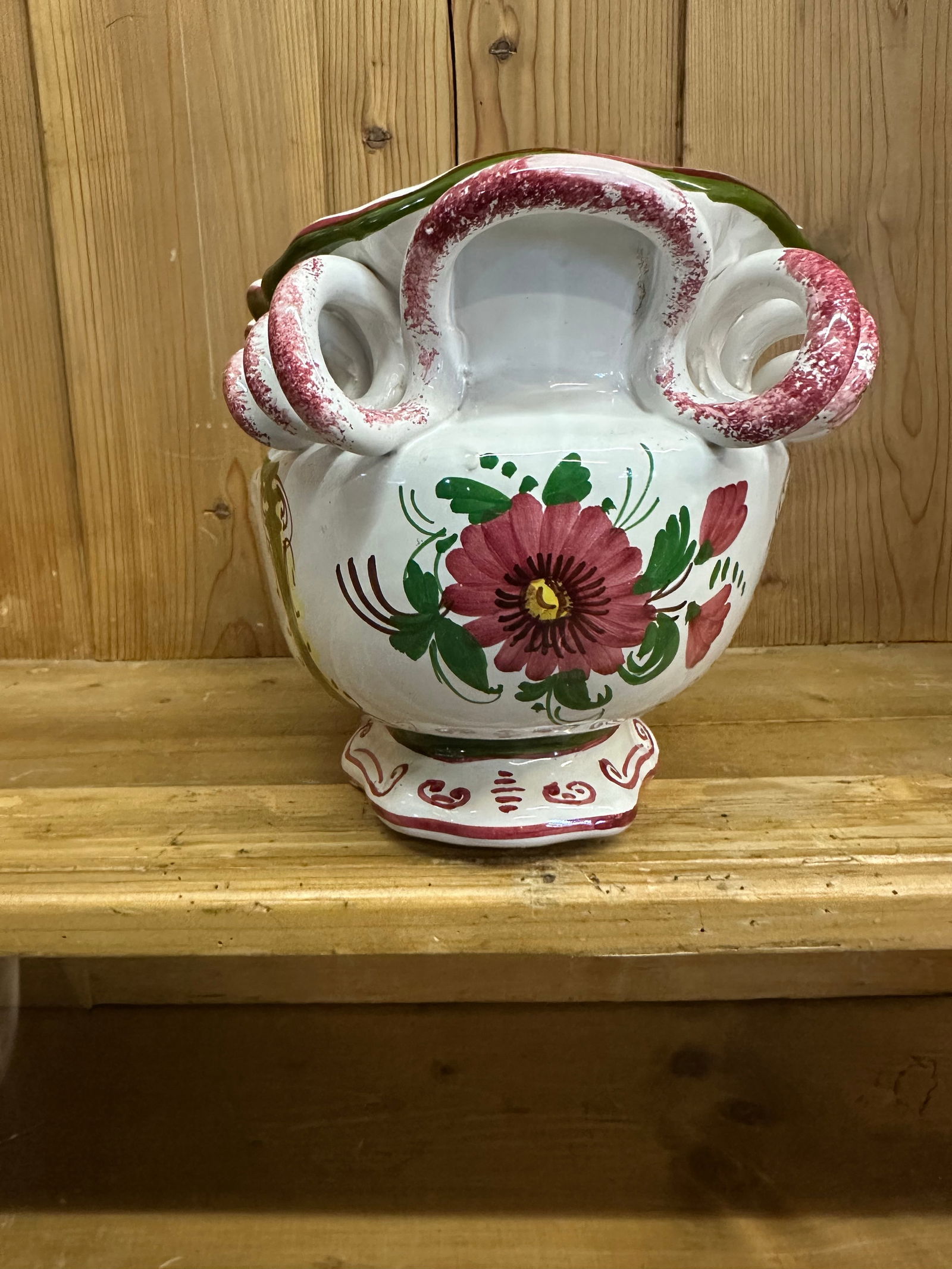 Italian Floral Long Bellied Vase- Hand Painted Coil Handles ,Gracious Design. - 2