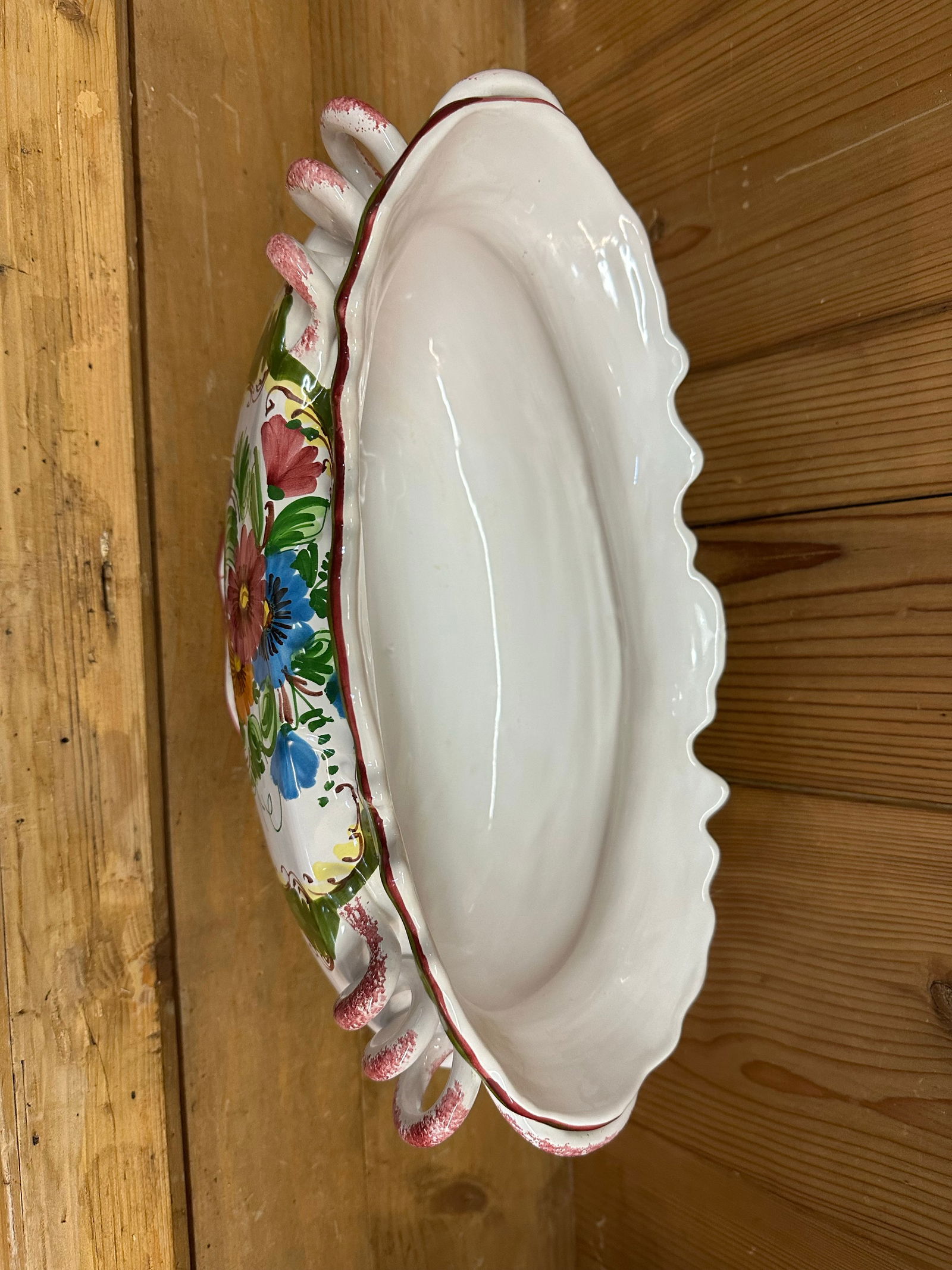 Italian Floral Long Bellied Vase- Hand Painted Coil Handles ,Gracious Design. - 4