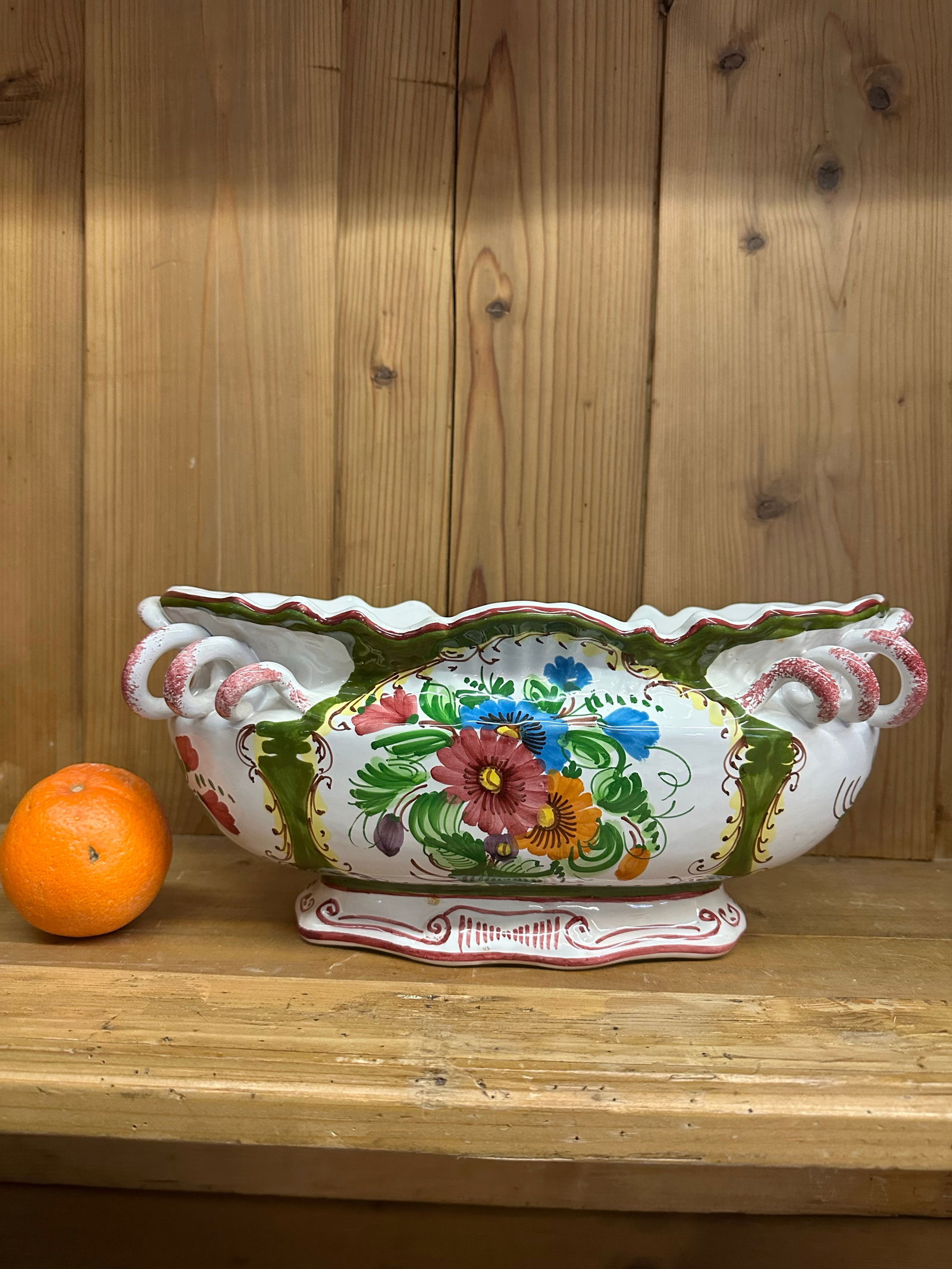 Italian Floral Long Bellied Vase- Hand Painted Coil Handles ,Gracious Design. - 5