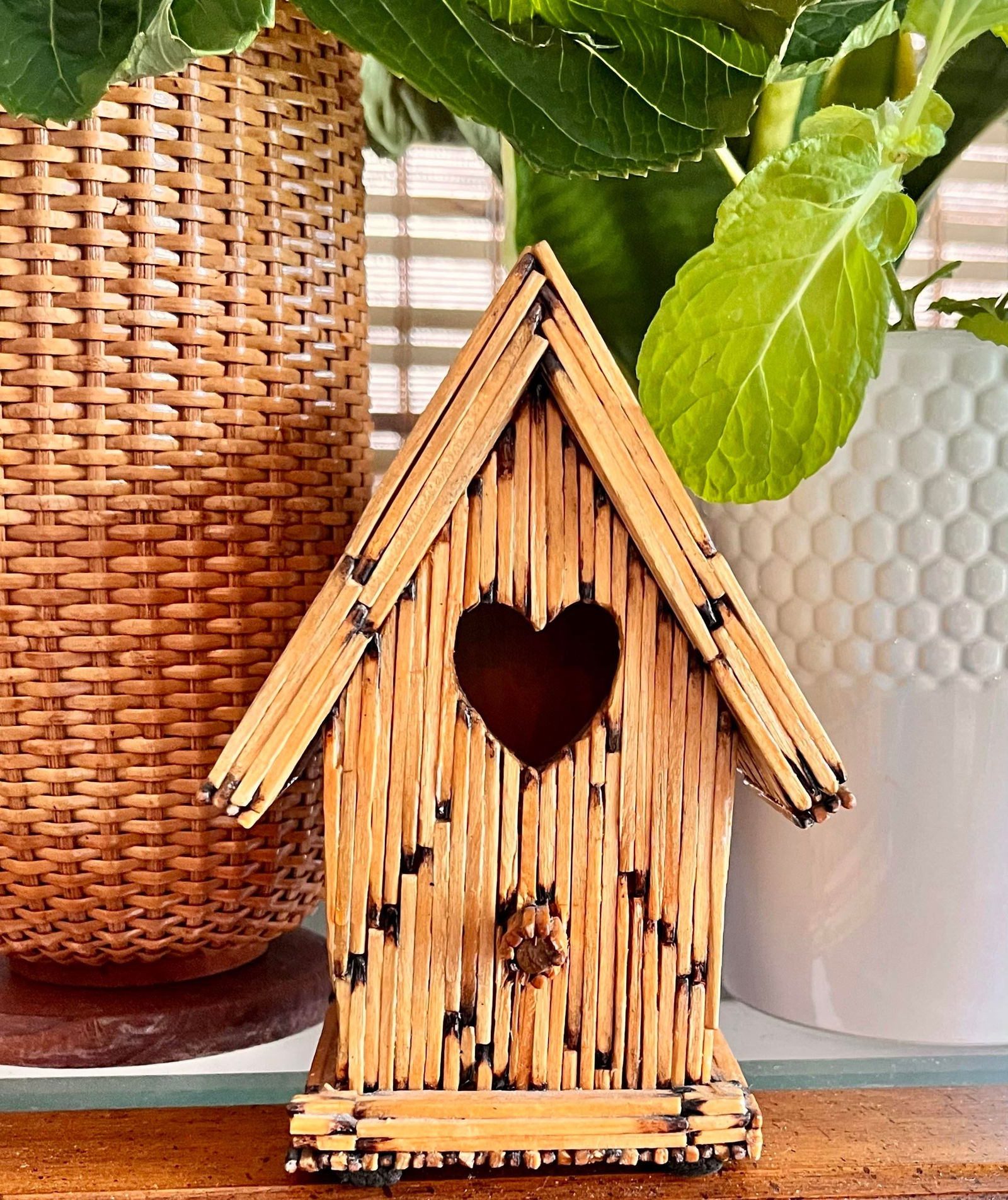Vintage Wooden Matchstick Tramp Art Folk Art Petite Birdhouse With Artist Name - 3