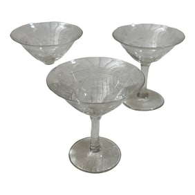 Trio of Small Champagne Glasses With Etched Leaf Details, 1970s