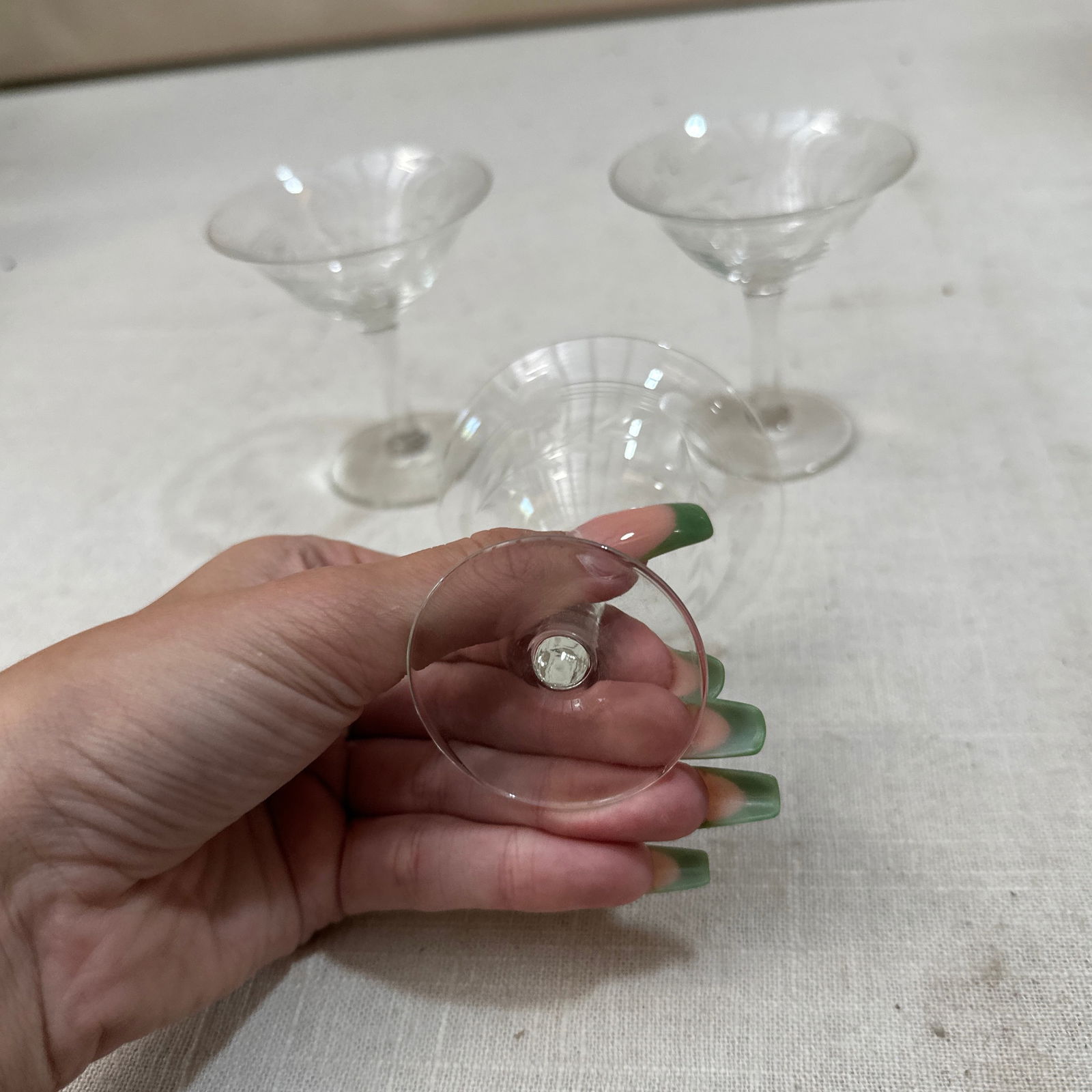 Trio of Small Champagne Glasses With Etched Leaf Details, 1970s - 6