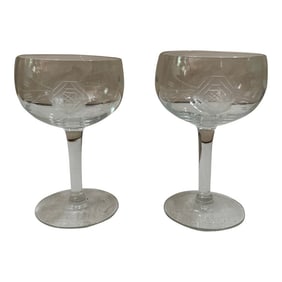 Pair of 1970s Champagne Glasses With Geometric Rose Designs