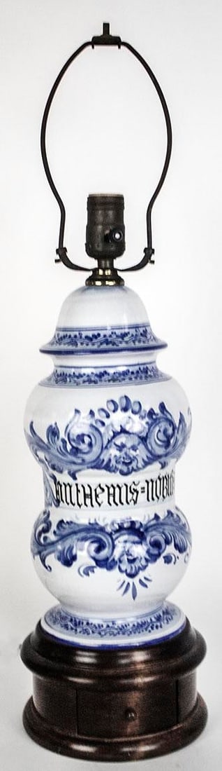 Vintage Blue & White Lamp With Latin Inscription - Secret Drawer - 8
