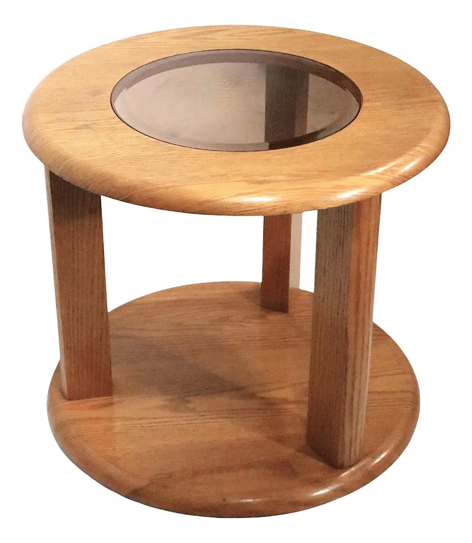 Post Modern Two Tier Oak and Glass Lamp Stand End or Side Table C. 1970/80's: Post Modern two tier side, end, table constructed of oak, oak veneer and bevelled tinted glass. This example is in very good, clean, original, ready to use condition, showing only light cosmetic wear,
