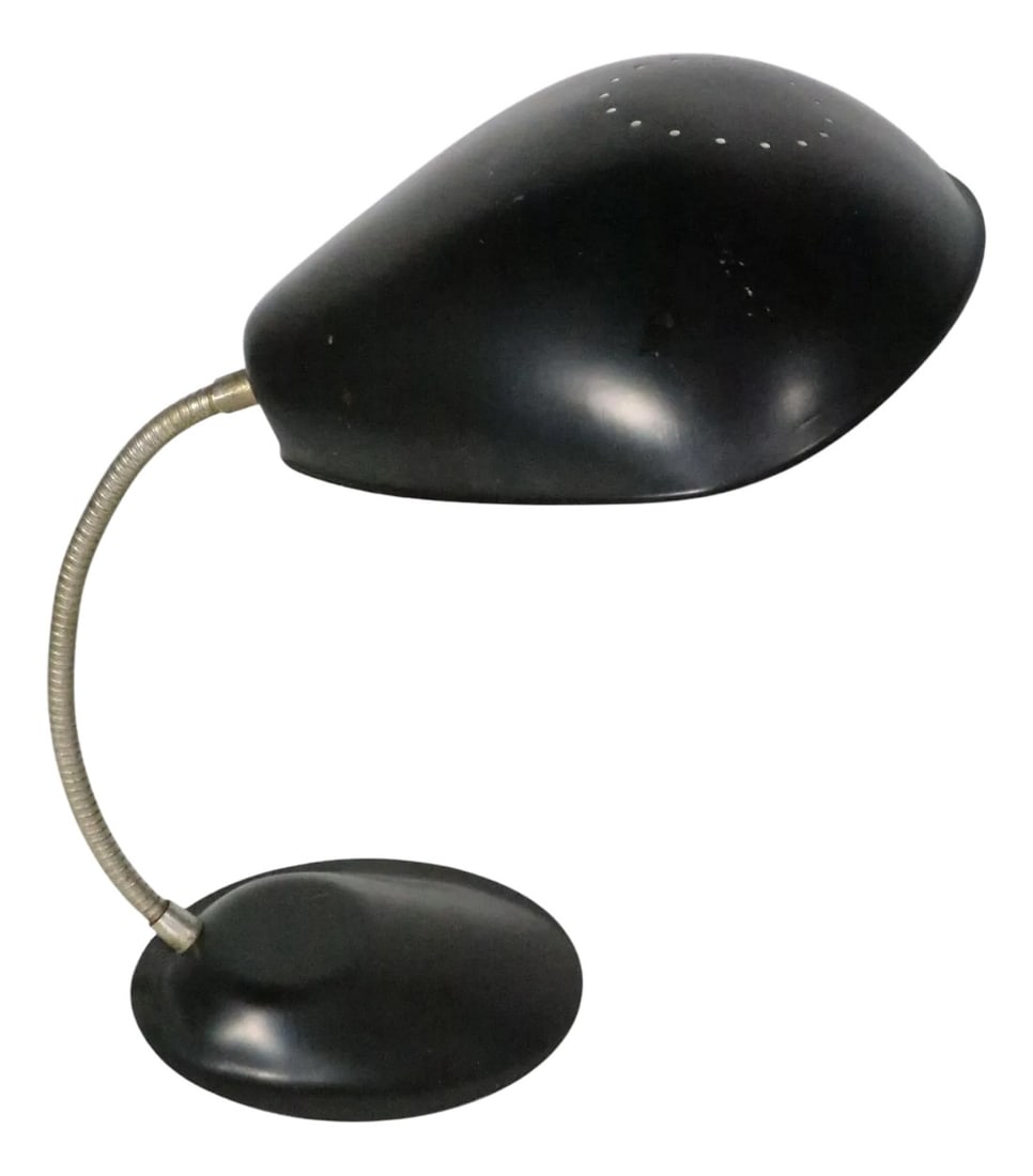 Mid Century Gooseneck Desk Lamp by Eagle: Classic Mid Century gooseneck desk, or table, lamp made by Eagle circa 1950/60's. The lamp features an large hood shade with a black exterior and a white interior, attached to a flexible metal