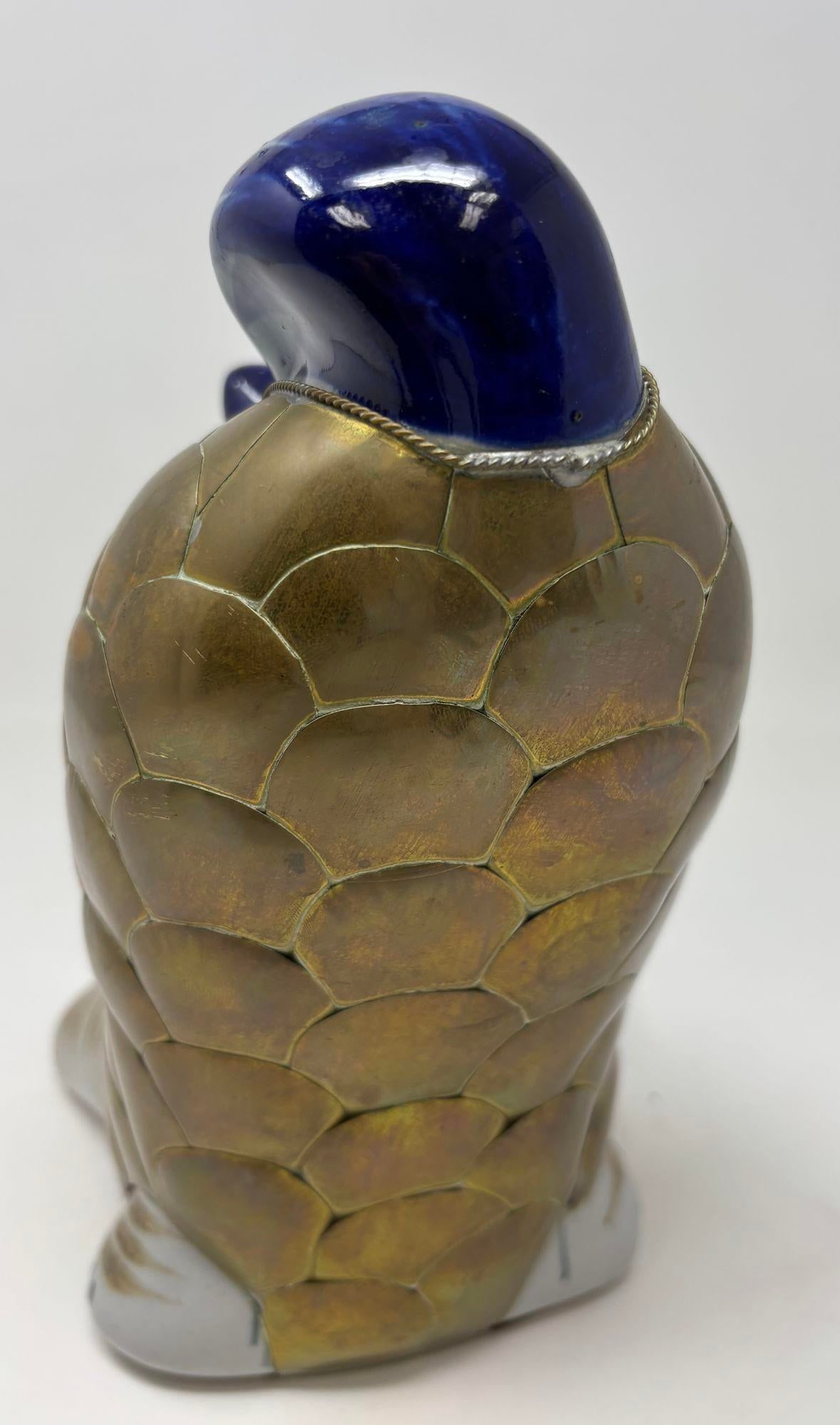 Vintage Large Tonala Mexican Stretching Cat Ceramic and Brass Figurine - 10