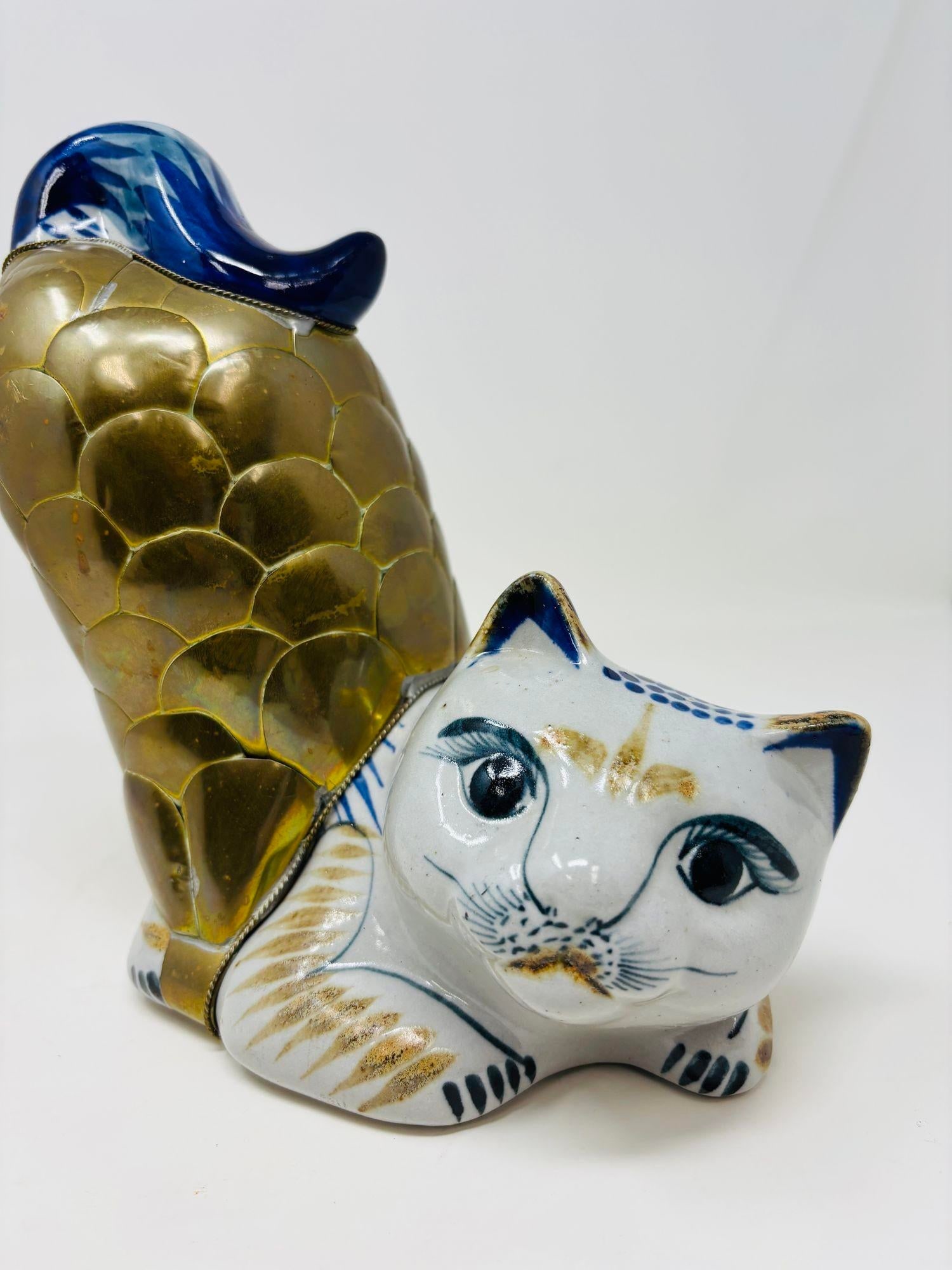 Vintage Large Tonala Mexican Stretching Cat Ceramic and Brass Figurine - 11