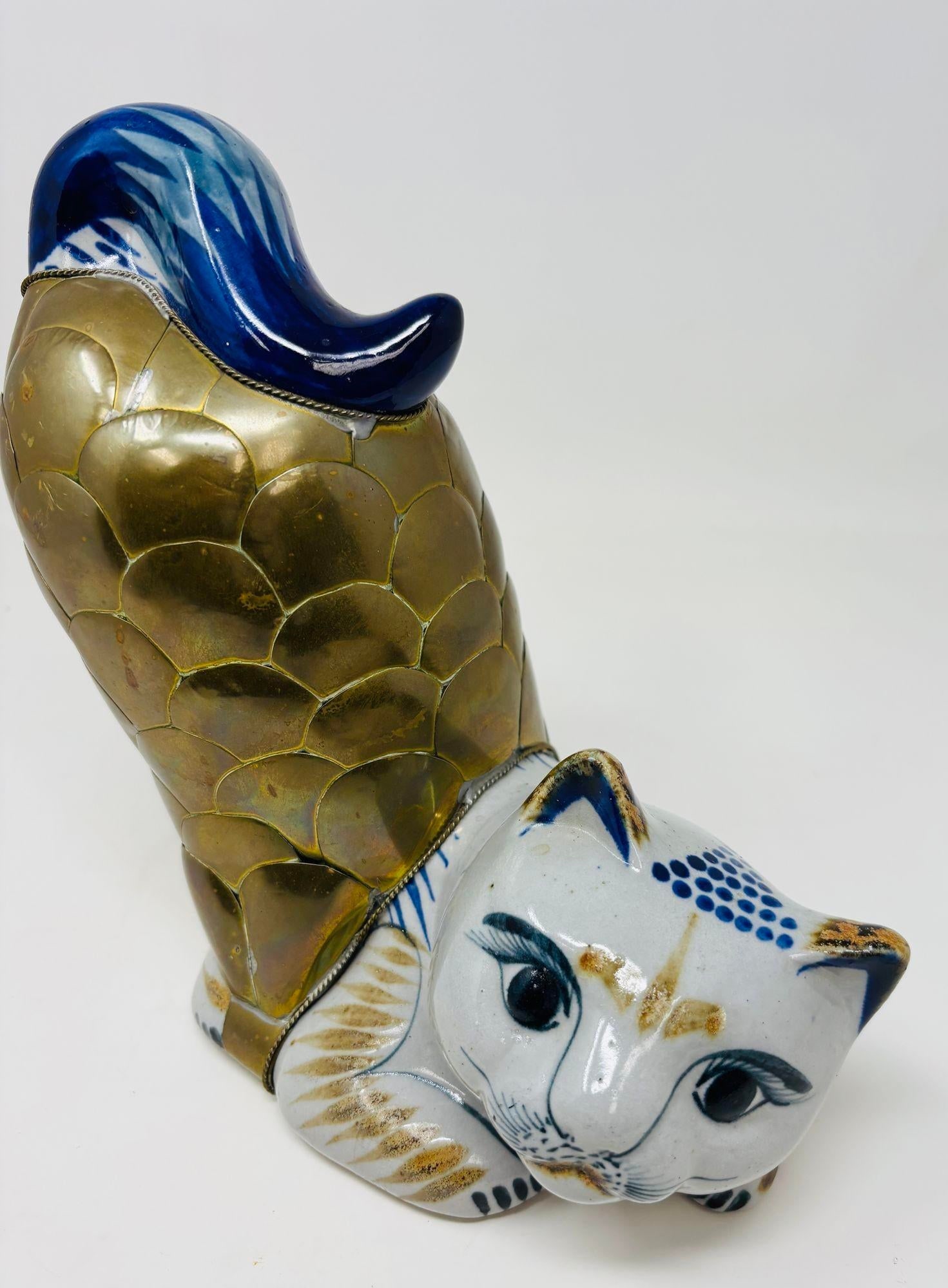 Vintage Large Tonala Mexican Stretching Cat Ceramic and Brass Figurine - 12