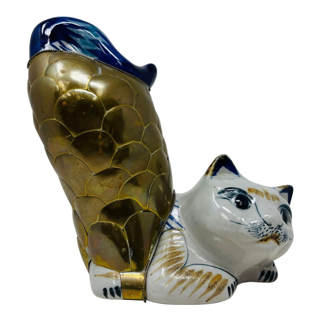 Vintage Large Tonala Mexican Stretching Cat Ceramic and Brass Figurine: Vintage large Tonala Mexican Stretching Cat Ceramic and Brass Folk Art Figurine. Vintage handcrafted Tonala pottery cat with brass overlay in Sergi0 Bustamante style. Muted colors in beige and blue.