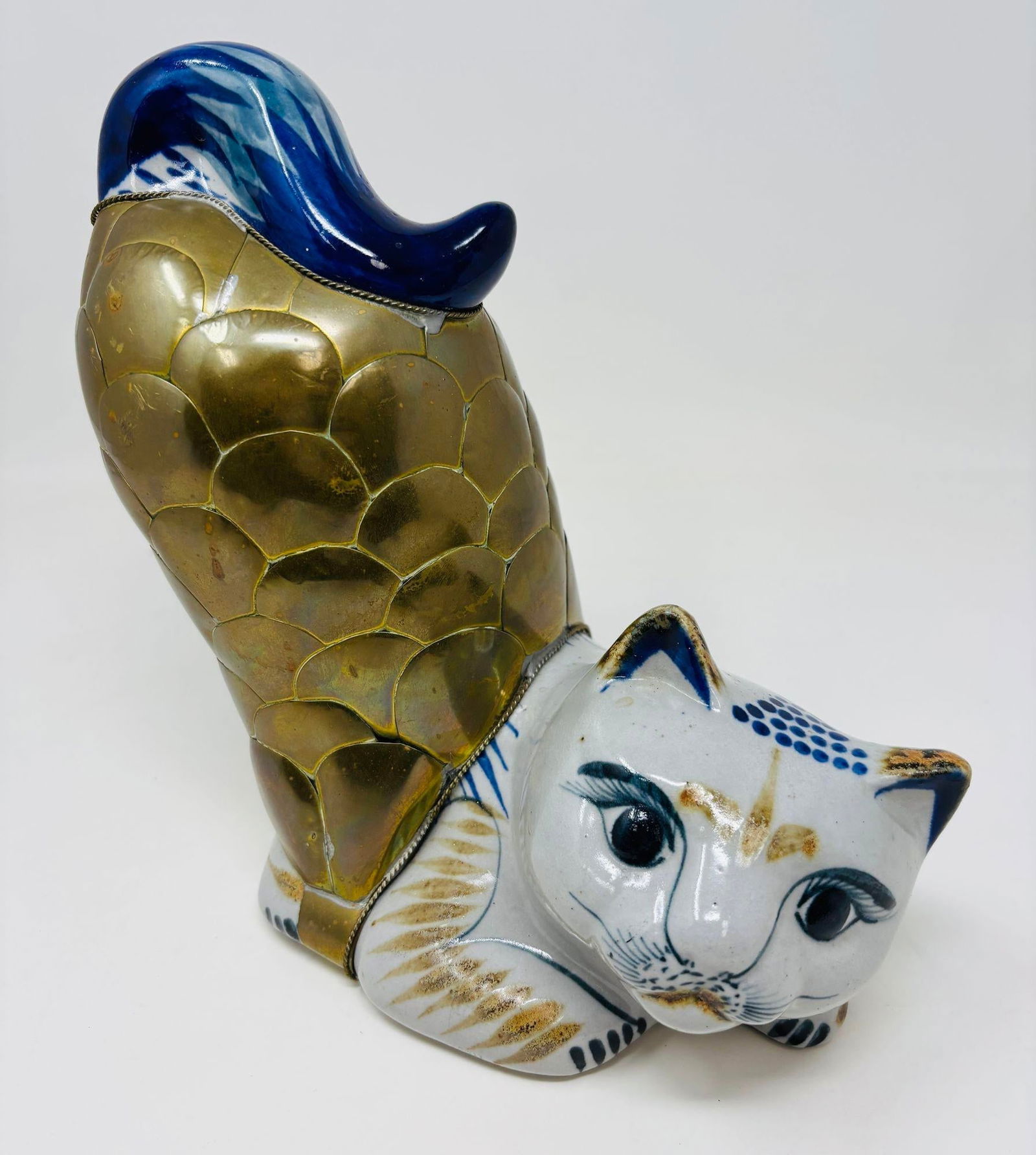 Vintage Large Tonala Mexican Stretching Cat Ceramic and Brass Figurine - 6