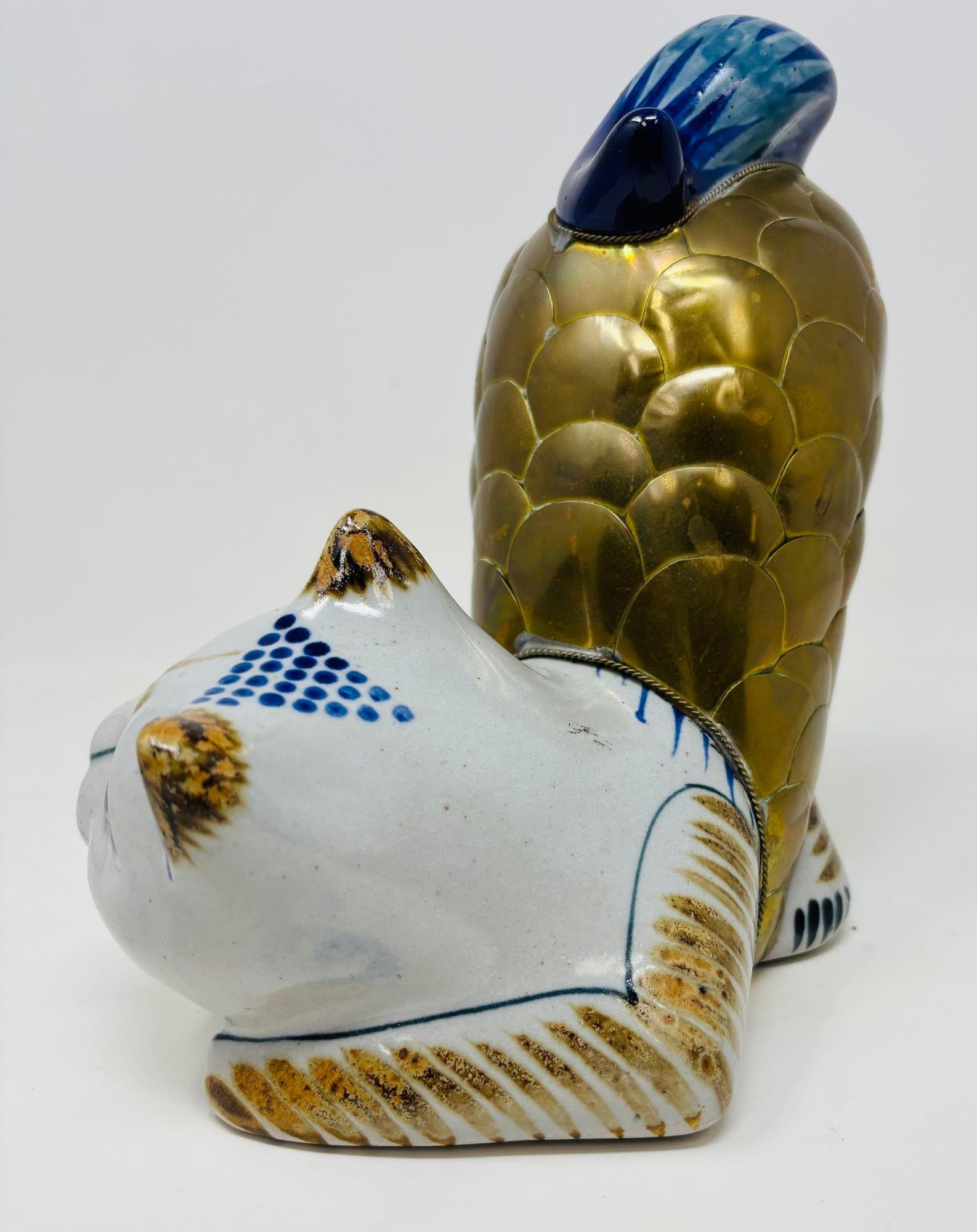 Vintage Large Tonala Mexican Stretching Cat Ceramic and Brass Figurine - 7