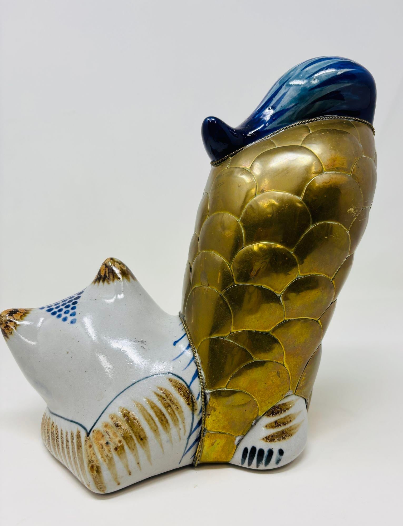 Vintage Large Tonala Mexican Stretching Cat Ceramic and Brass Figurine - 8