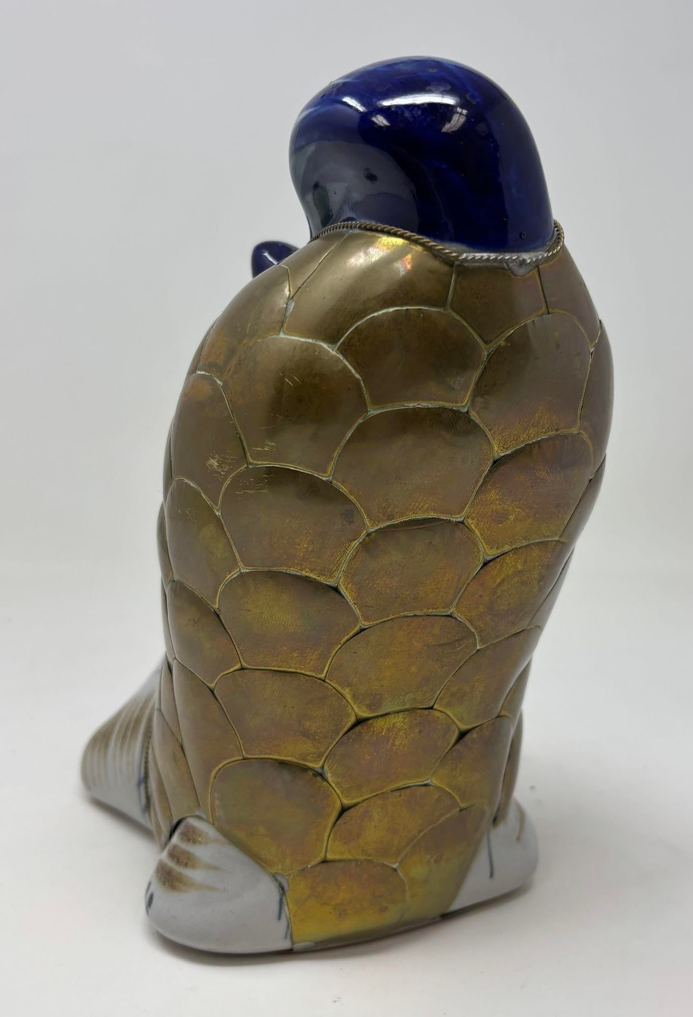 Vintage Large Tonala Mexican Stretching Cat Ceramic and Brass Figurine - 9