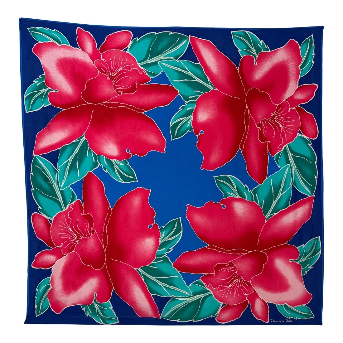 Oscar De La Renta Vivid Floral Tropical Silk Scarf: Oscar De La Renta wonderfully vivid floral tropical silk scarf. This vintage Oscar De La Renta silk scarf measures 34 inches by 34 inches, with hand-rolled edges. Great to use as a wrap on the beach o
