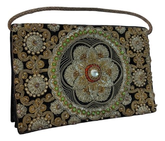 Black Velvet and Silk Embroidered 1960s Zardozi Zari Gemstone Clutch India