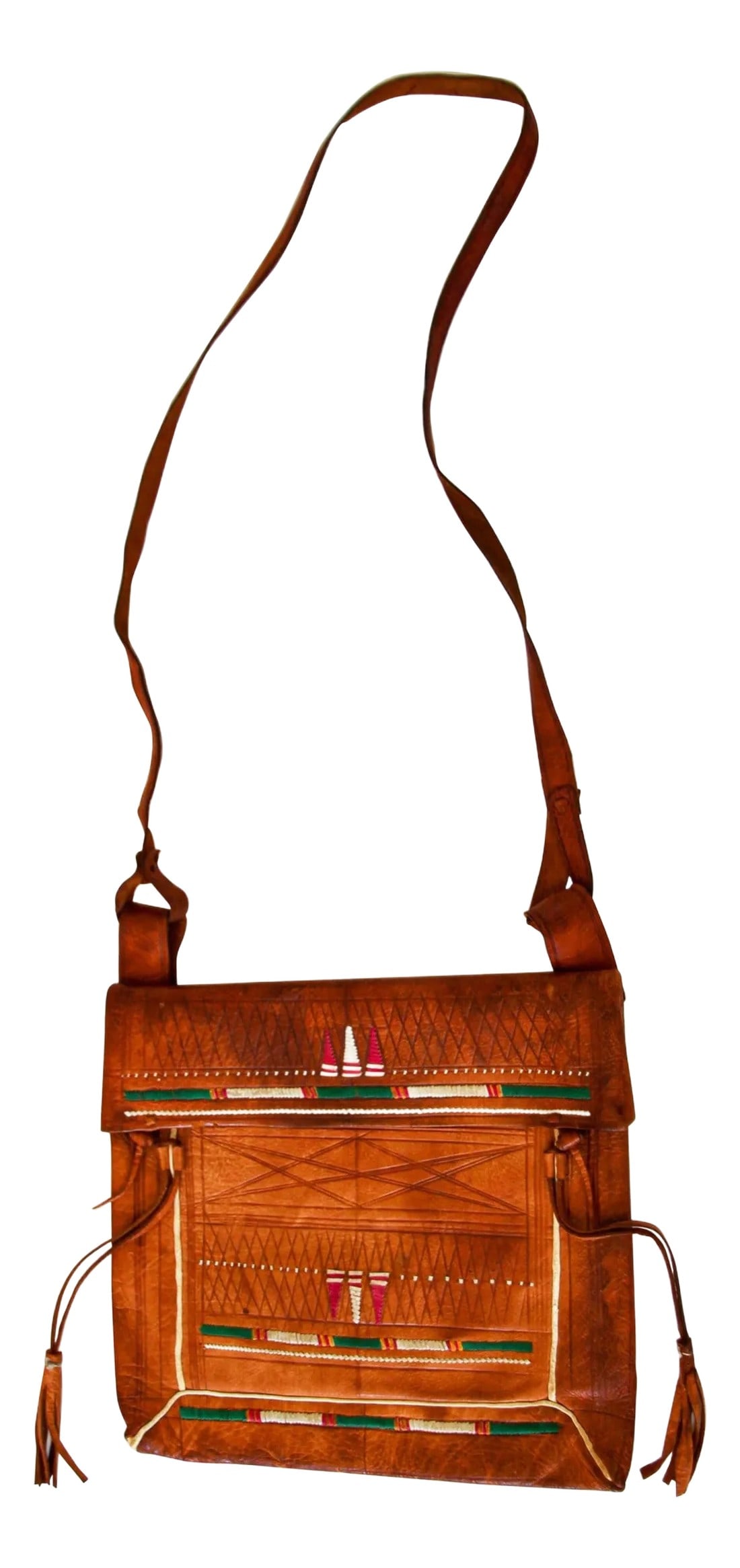 Antique African Tuareg Moroccan Shoulder Leather Bag 1960's Collectible: Antique leather African Moroccan satchel bag with flap decorated with tribal Tuareg embroideries. Antique collectible leather bag, handmade in Morocco. True vintage Berber bag collectible piece of