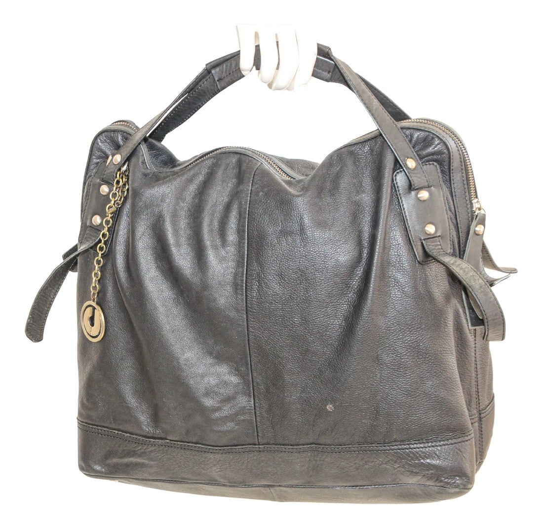 Charles Jourdan Black Leather Satchel Handle Computer Bag: Charles Jourdan Black Leather Zip Satchel Bag. Calfskin black Hobo Classic Large Handle Computer Bag. Vintage Charles Jourdan tote bag in soft leather with top zipper and two leather handles. It is