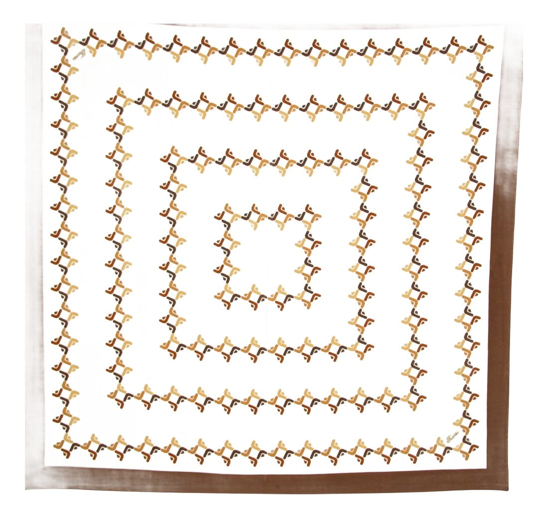 Franzi Silk Scarf Brown and White 1970s: Franzi Brown and White Silk Square Scarf This silk with mid century style post modern 1970s geometric print. 70s Franzi Brown, amber and white silk scarf with FF logo, signed on corners FRANZI.