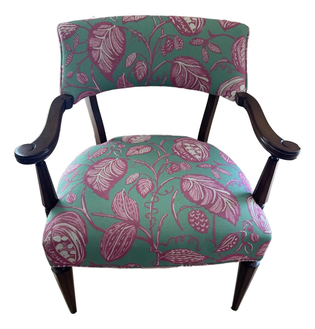 1940s Antique Palm Beach Chic Upholstered Accent Chair: Bring a touch of vintage tropical vibes to your space with this Antique Palm Beach Chic Accent Arm Chair. Featuring classic lines, coastal flair, and an effortlessly breezy aesthetic, this chair is