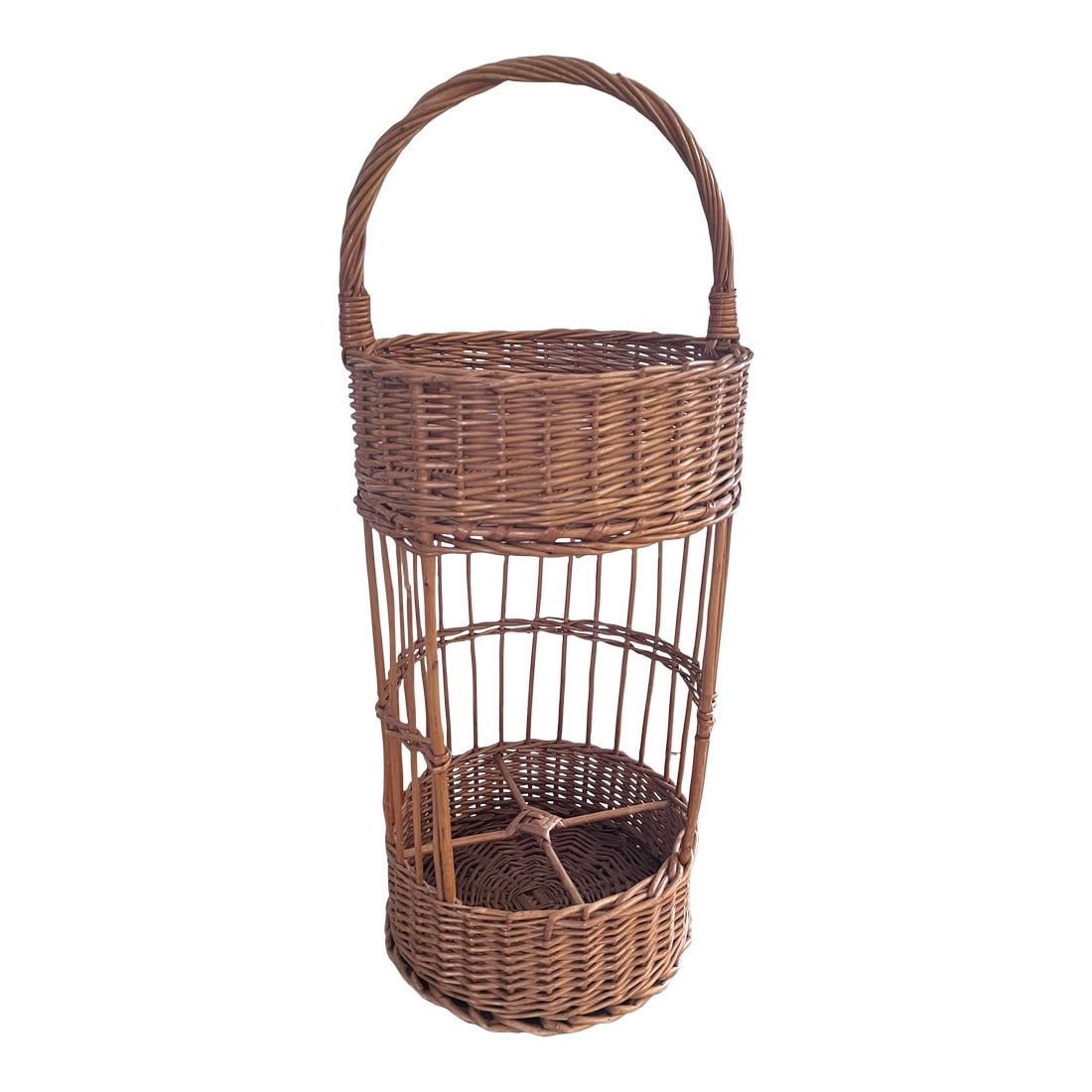 Vintage 1960s French Wicker Tall Bottle Basket Wine Bar: Vintage 1960s French Wicker Tall Bottle Basket or Wine Bar. This woven wicker handled basket caddy can hold bottles in the 4 compartments on the bottom level and glasses and other items on the top