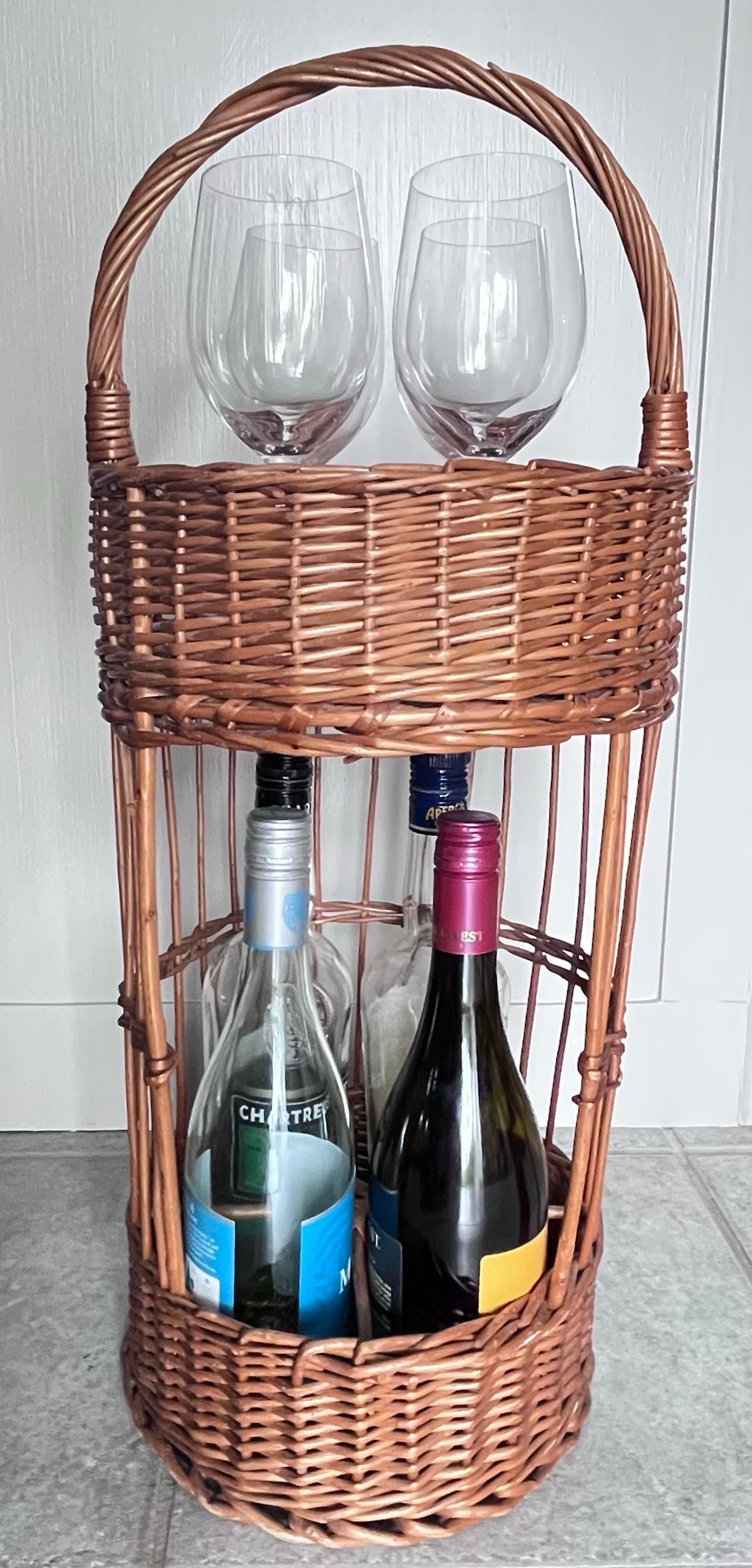 Vintage 1960s French Wicker Tall Bottle Basket Wine Bar - 2