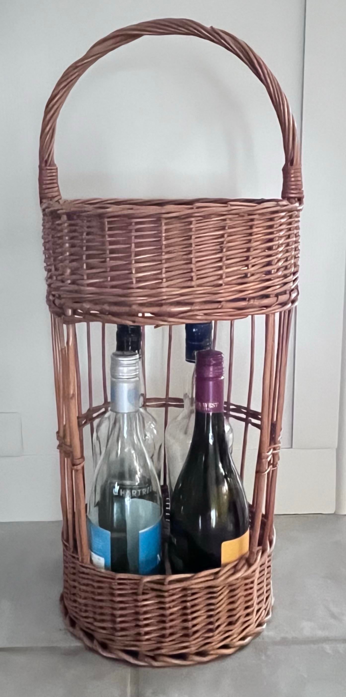Vintage 1960s French Wicker Tall Bottle Basket Wine Bar - 3