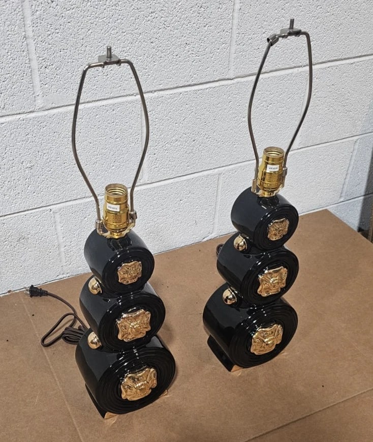 Pair of Mid 20th Century Hollywood Regency Style Black Rounded Lamps - 5