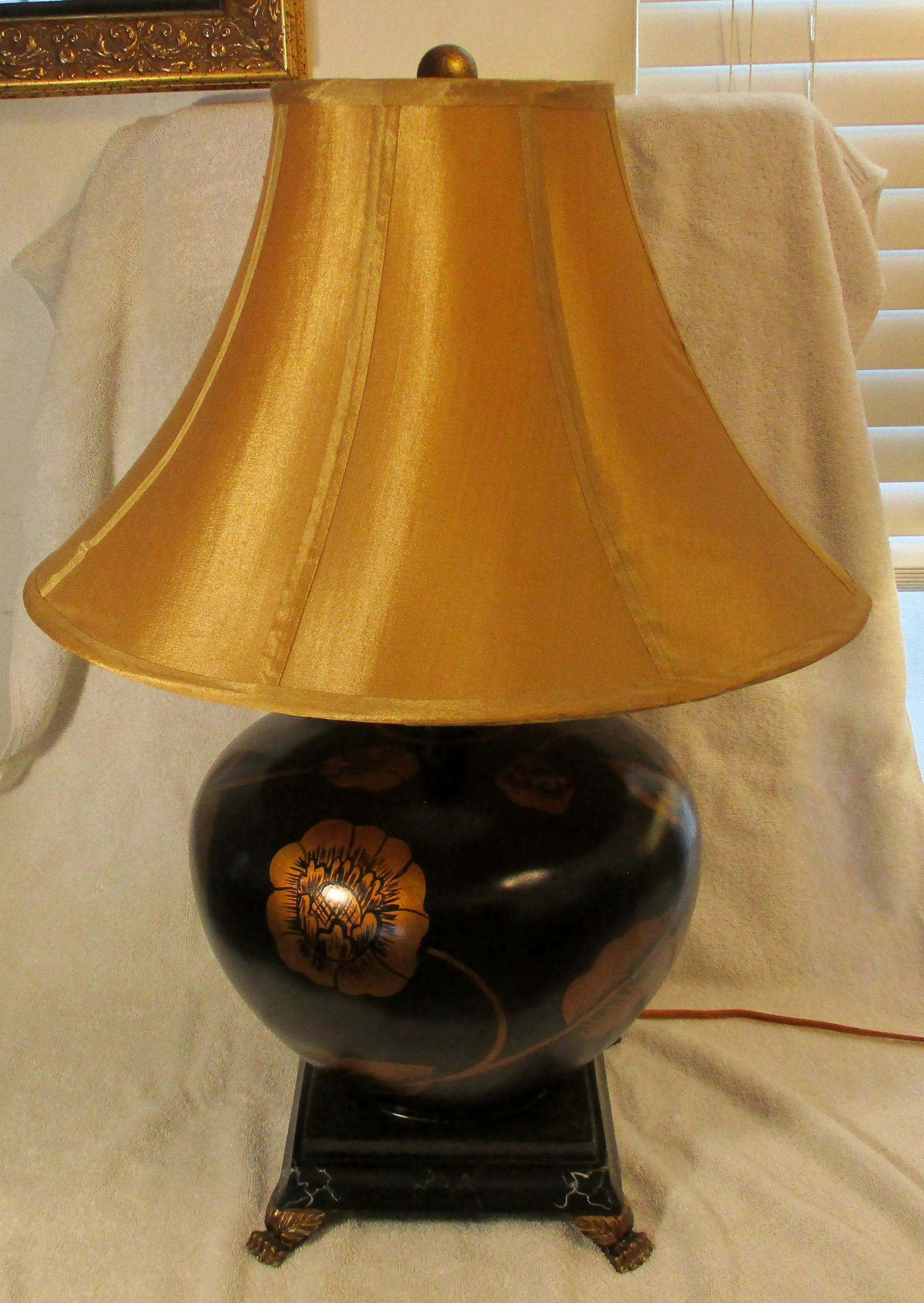 Large Brown With Painted Gold Peonies Orb Accent Lamp and Silk Gold Shade - 13