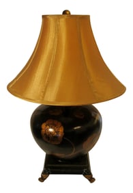 Large Brown With Painted Gold Peonies Orb Accent Lamp and Silk Gold Shade