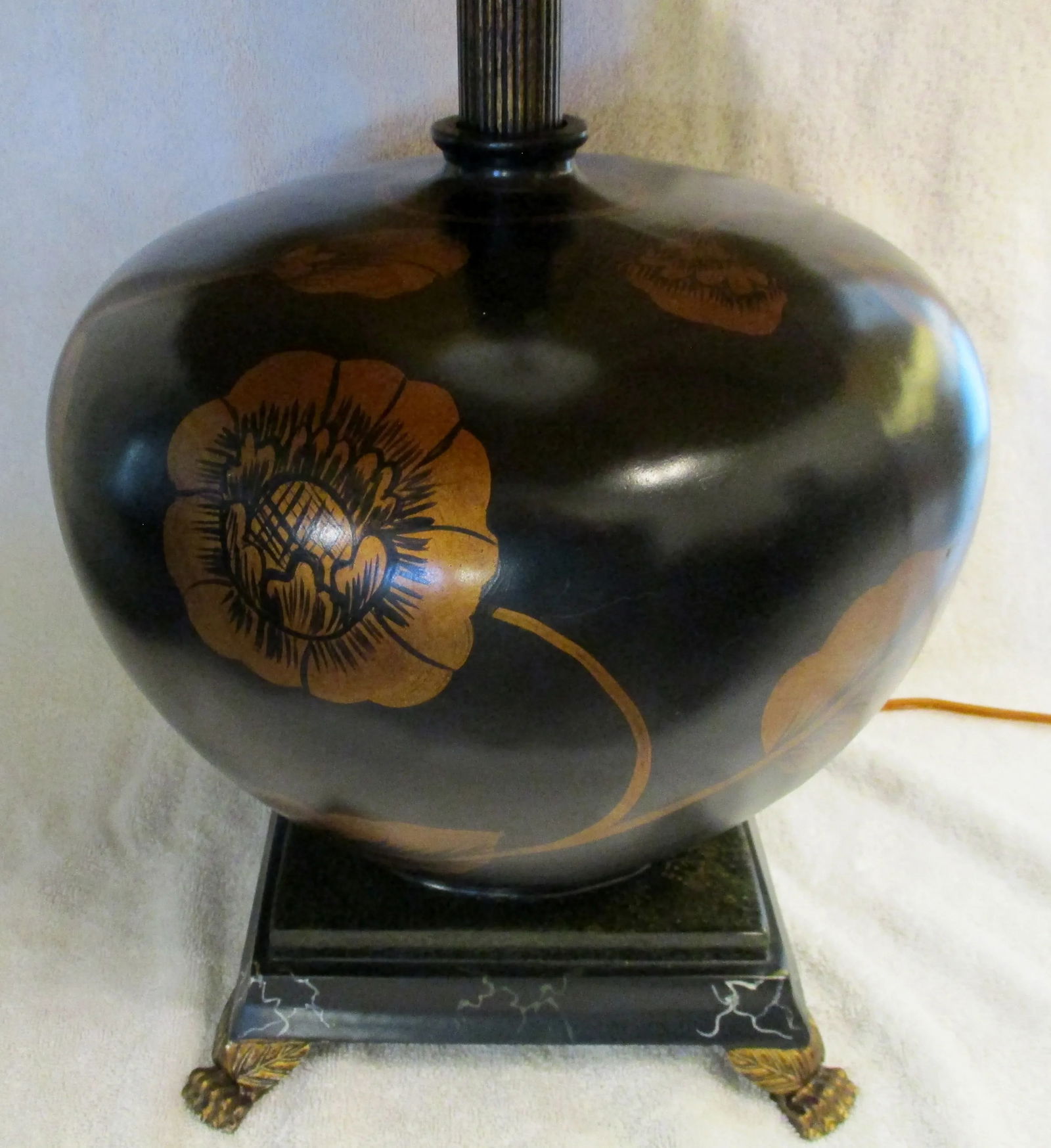 Large Brown With Painted Gold Peonies Orb Accent Lamp and Silk Gold Shade - 2