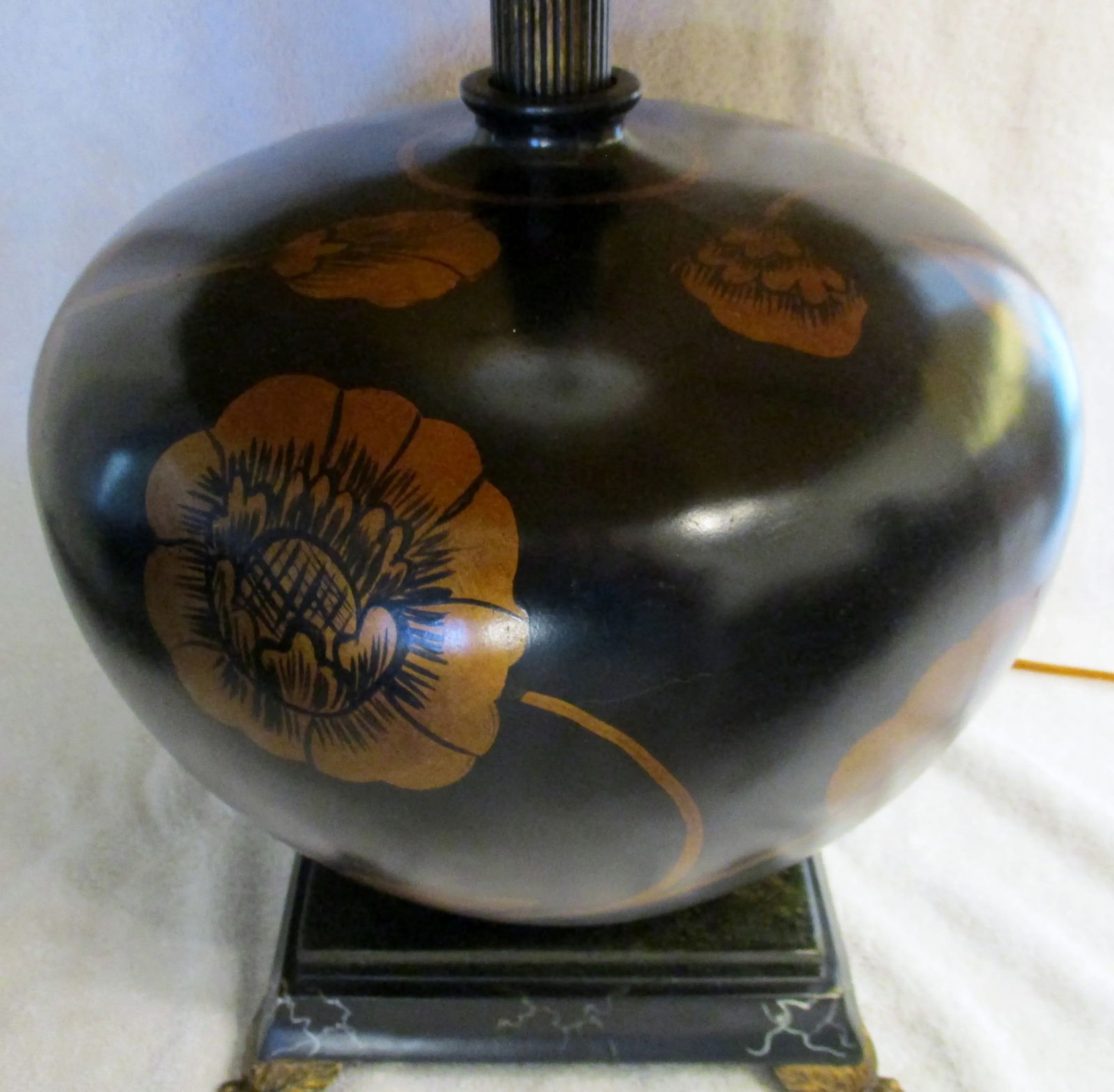 Large Brown With Painted Gold Peonies Orb Accent Lamp and Silk Gold Shade - 3