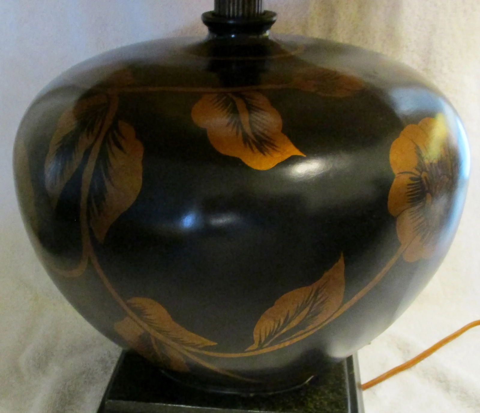 Large Brown With Painted Gold Peonies Orb Accent Lamp and Silk Gold Shade - 5