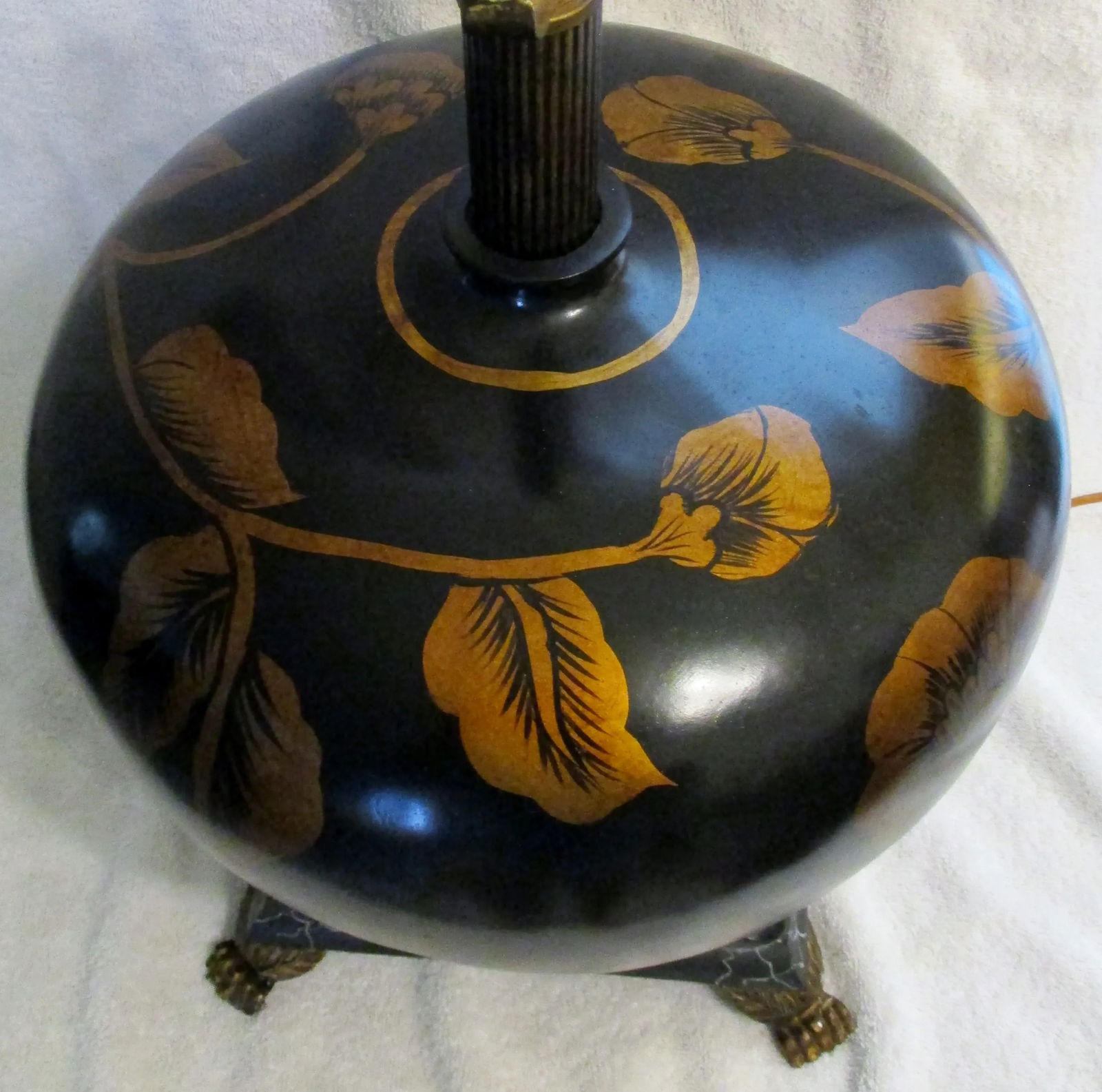 Large Brown With Painted Gold Peonies Orb Accent Lamp and Silk Gold Shade - 6