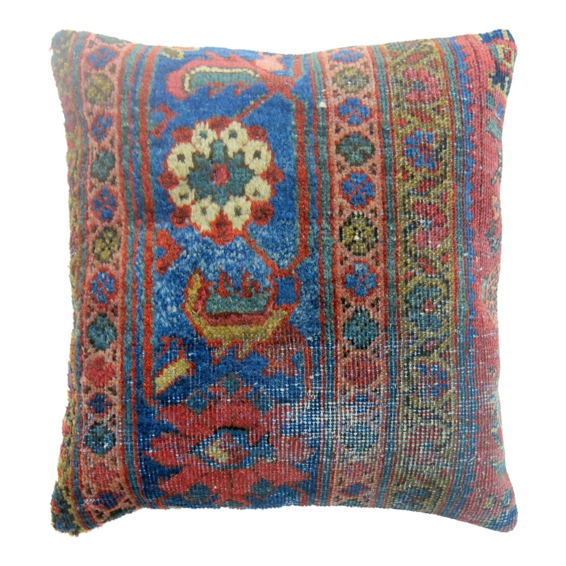 Antique Red Blue Mahal Border Rug Pillow: a Pillow made from an old persian mahal rug. zipper closure, polyfill insert provided Condition: Alterations: Original Design Modified Imperfections: Some Imperfections Condition Notes: age wear and a