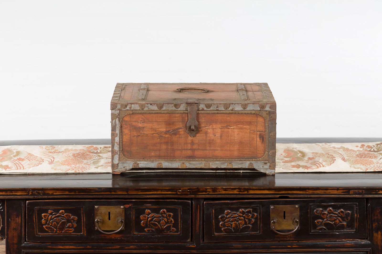 19th Century Indian Wooden Box with Brass Details and Distressed Patina - 4
