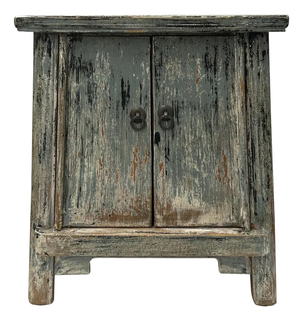 16.25" Distressed Blue Gray 2 Doors End Table Nightstand Chest: This small size Chinese cabinet is a charming addition to any space, showcasing the beauty of distressed wood and traditional craftsmanship. The cabinet features a captivating two-toned finish with a